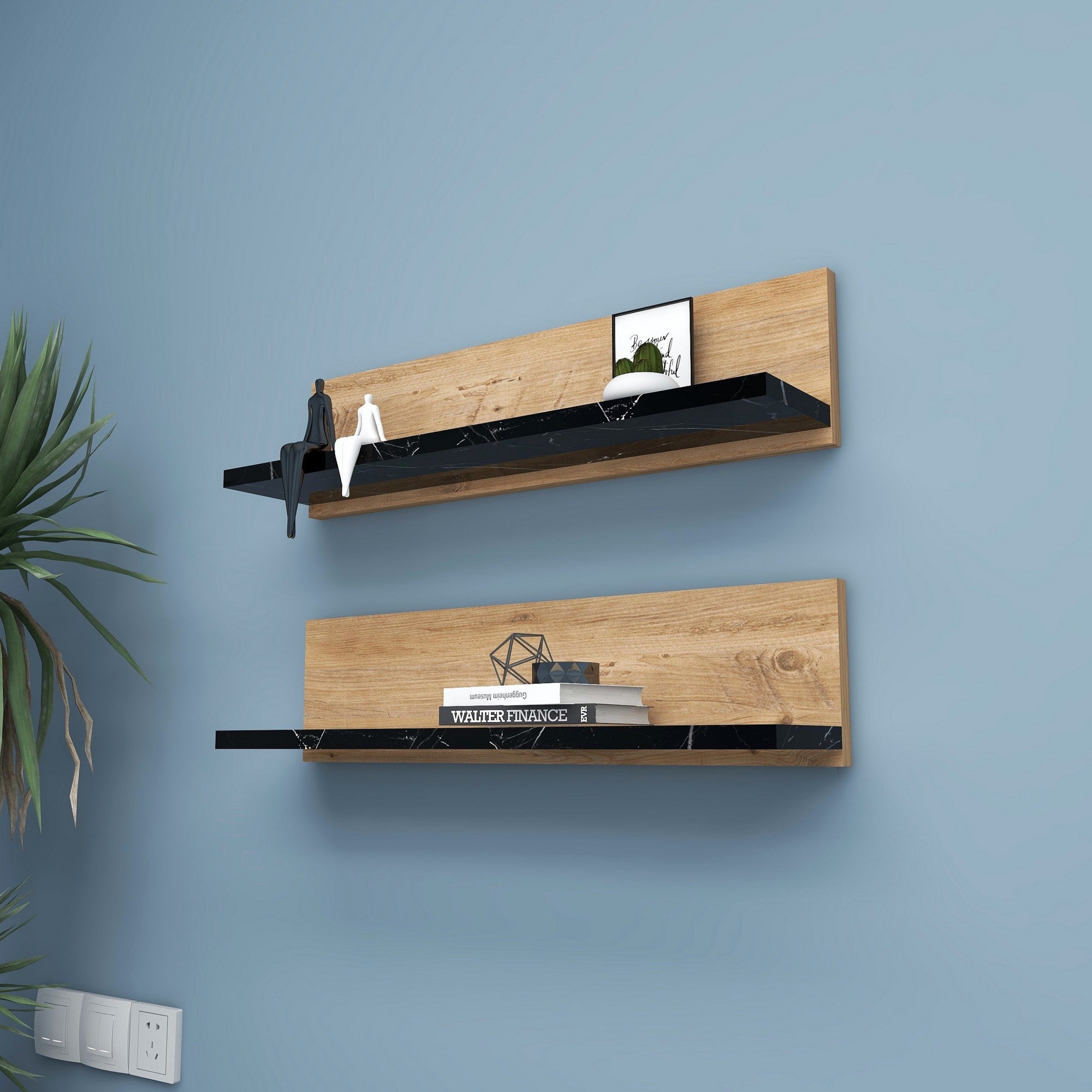 Prateleira de parede estilosa (2 peças), pinho atlântico e preto, 60 x 15 x 13 cm | Painel de partículas 100% revestido com melamina | Perfeito para decoração e organização de casa moderna