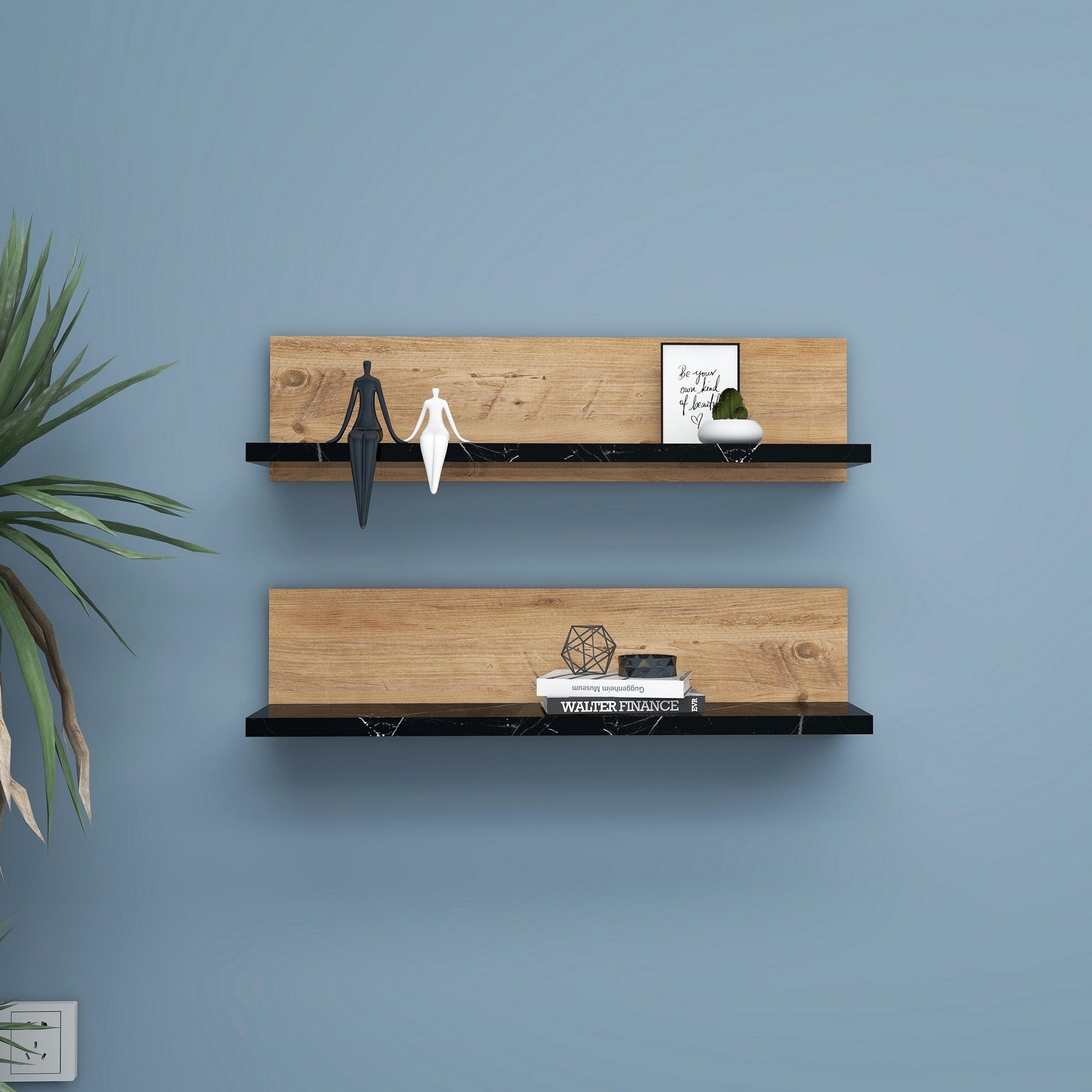 Prateleira de parede estilosa (2 peças), pinho atlântico e preto, 60 x 15 x 13 cm | Painel de partículas 100% revestido com melamina | Perfeito para decoração e organização de casa moderna