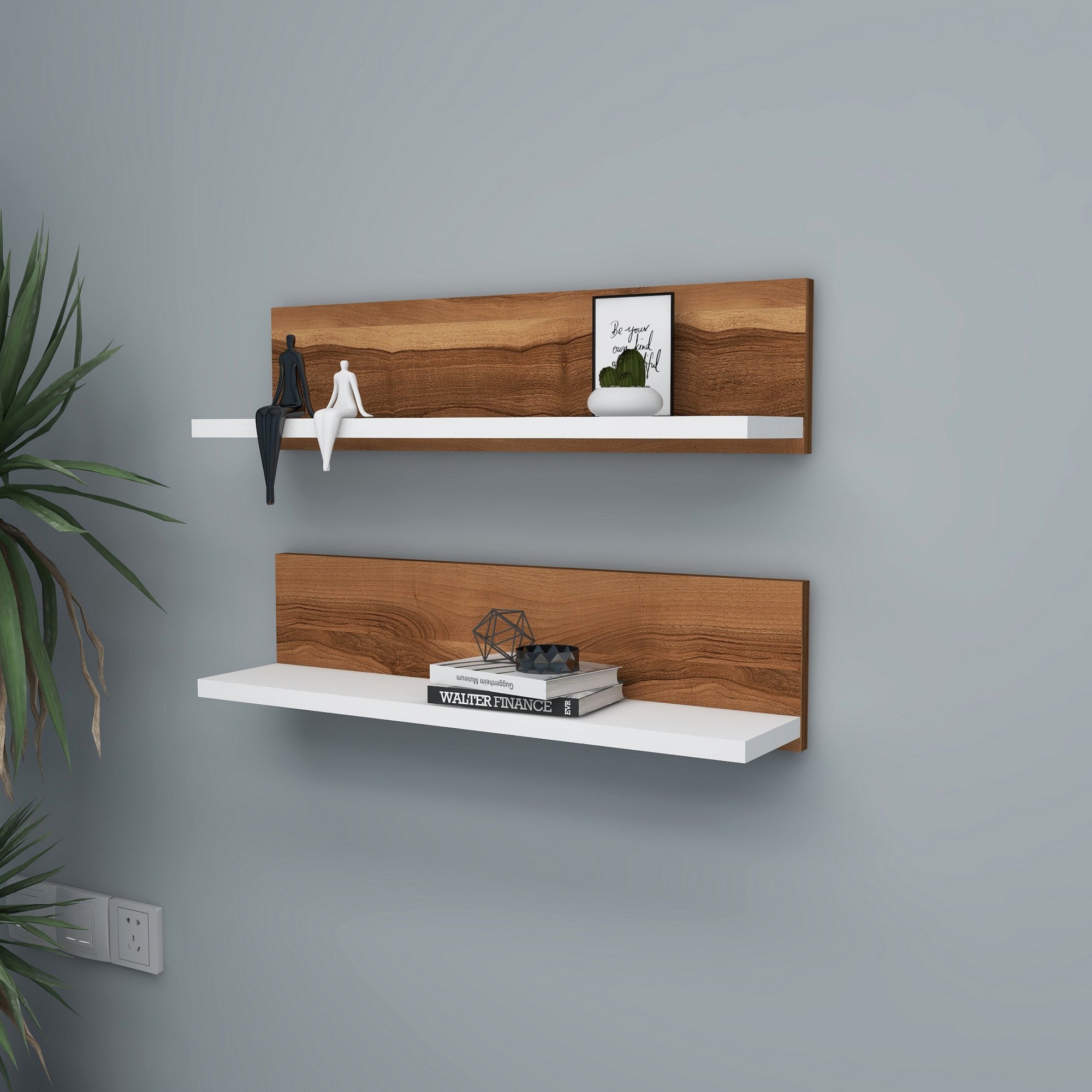 Prateleira de parede estilosa (2 peças), nogueira e branca, 60 x 15 x 13 cm | Painel de partículas 100% revestido de melamina | Perfeito para decoração e organização da casa