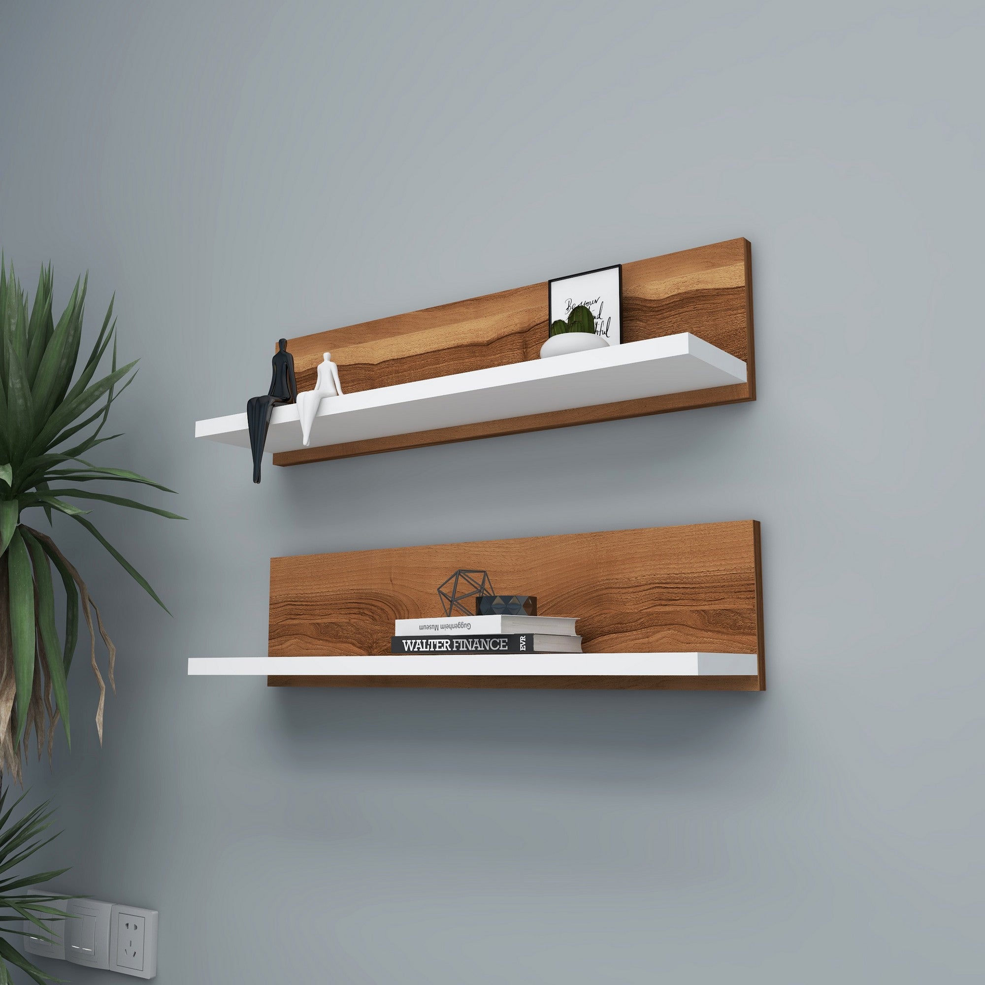 Prateleira de parede estilosa (2 peças), nogueira e branca, 60 x 15 x 13 cm | Painel de partículas 100% revestido de melamina | Perfeito para decoração e organização da casa