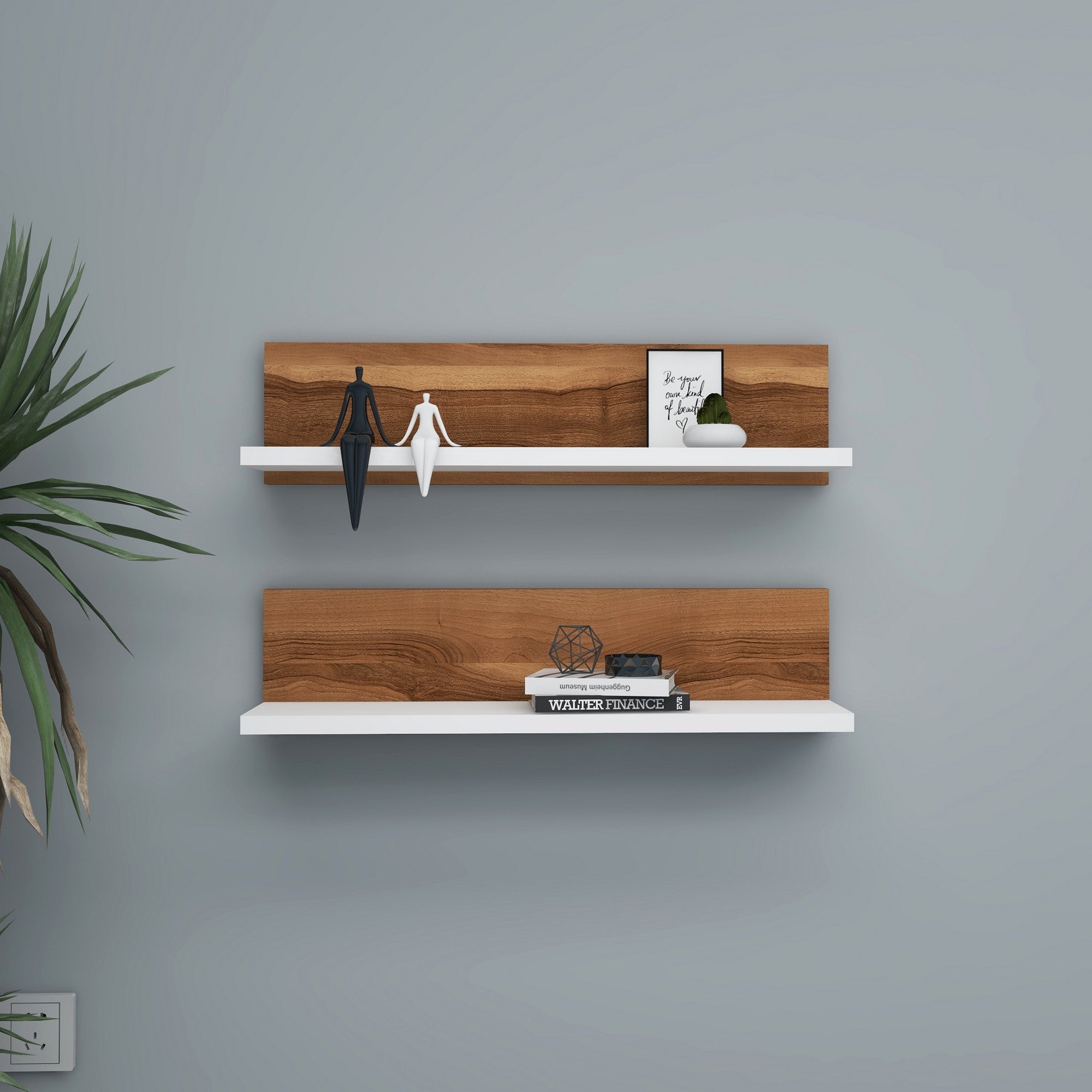 Prateleira de parede estilosa (2 peças), nogueira e branca, 60 x 15 x 13 cm | Painel de partículas 100% revestido de melamina | Perfeito para decoração e organização da casa