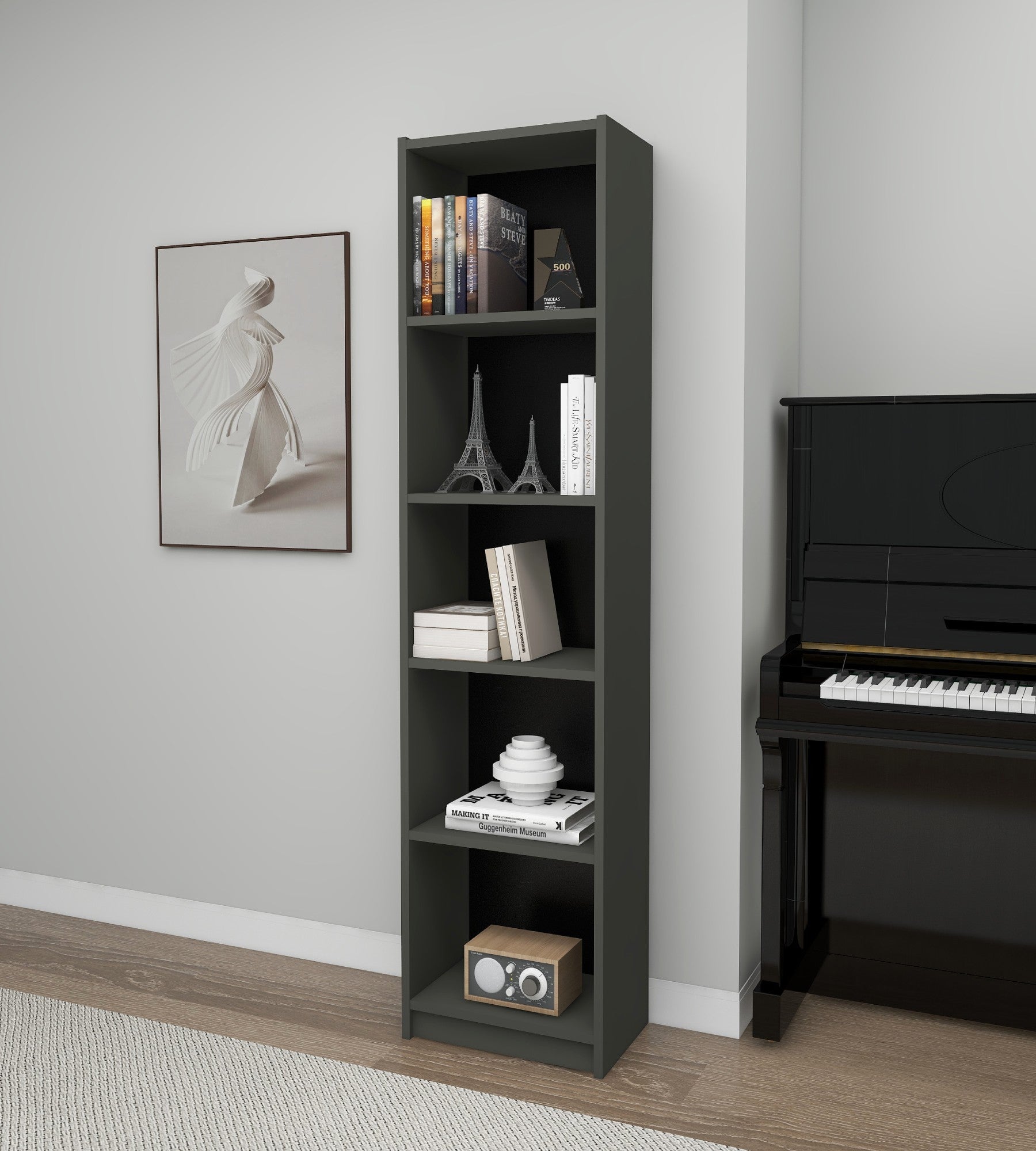 Estante elegante cinza escuro, 180 cm x 40 cm x 28 cm | Painel de partículas 100% revestido de melamina, 18 mm de espessura | Montável na parede, perfeita para espaços modernos