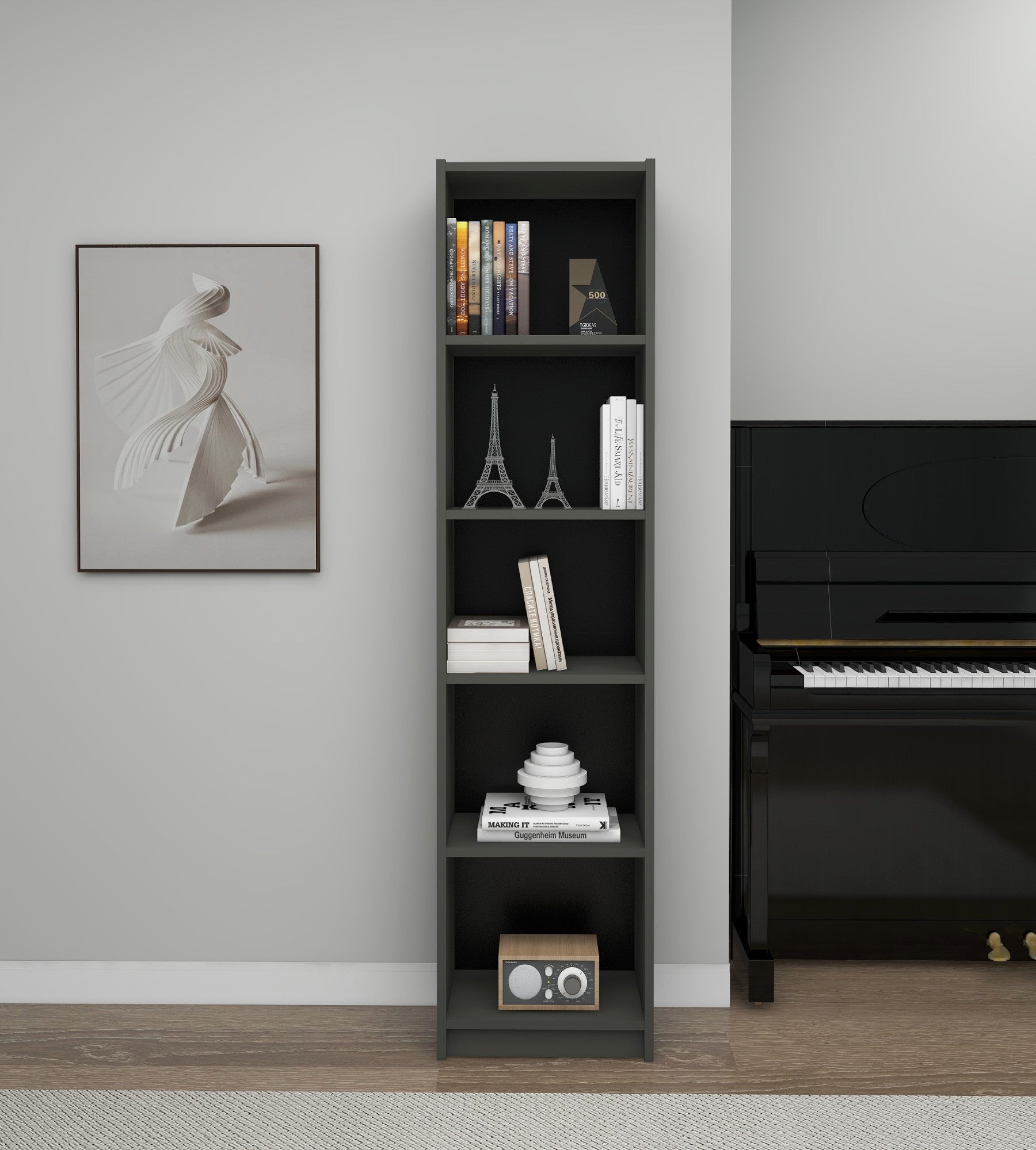 Estante elegante cinza escuro, 180 cm x 40 cm x 28 cm | Painel de partículas 100% revestido de melamina, 18 mm de espessura | Montável na parede, perfeita para espaços modernos