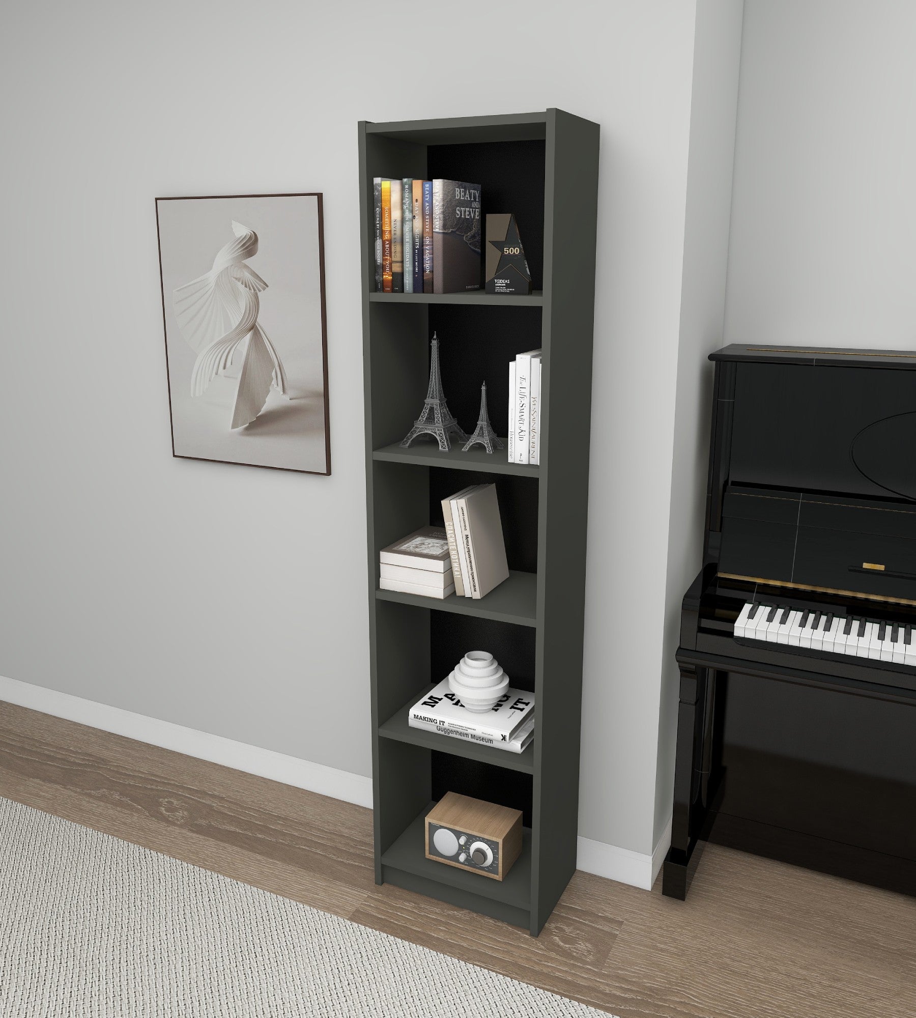 Estante elegante cinza escuro, 180 cm x 40 cm x 28 cm | Painel de partículas 100% revestido de melamina, 18 mm de espessura | Montável na parede, perfeita para espaços modernos