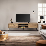 Móvel de TV elegante com pernas de ferro, pinho atlântico e preto, 180 x 50 x 40 cm | Painel de partículas 100% revestido de melamina, montável na parede, design durável