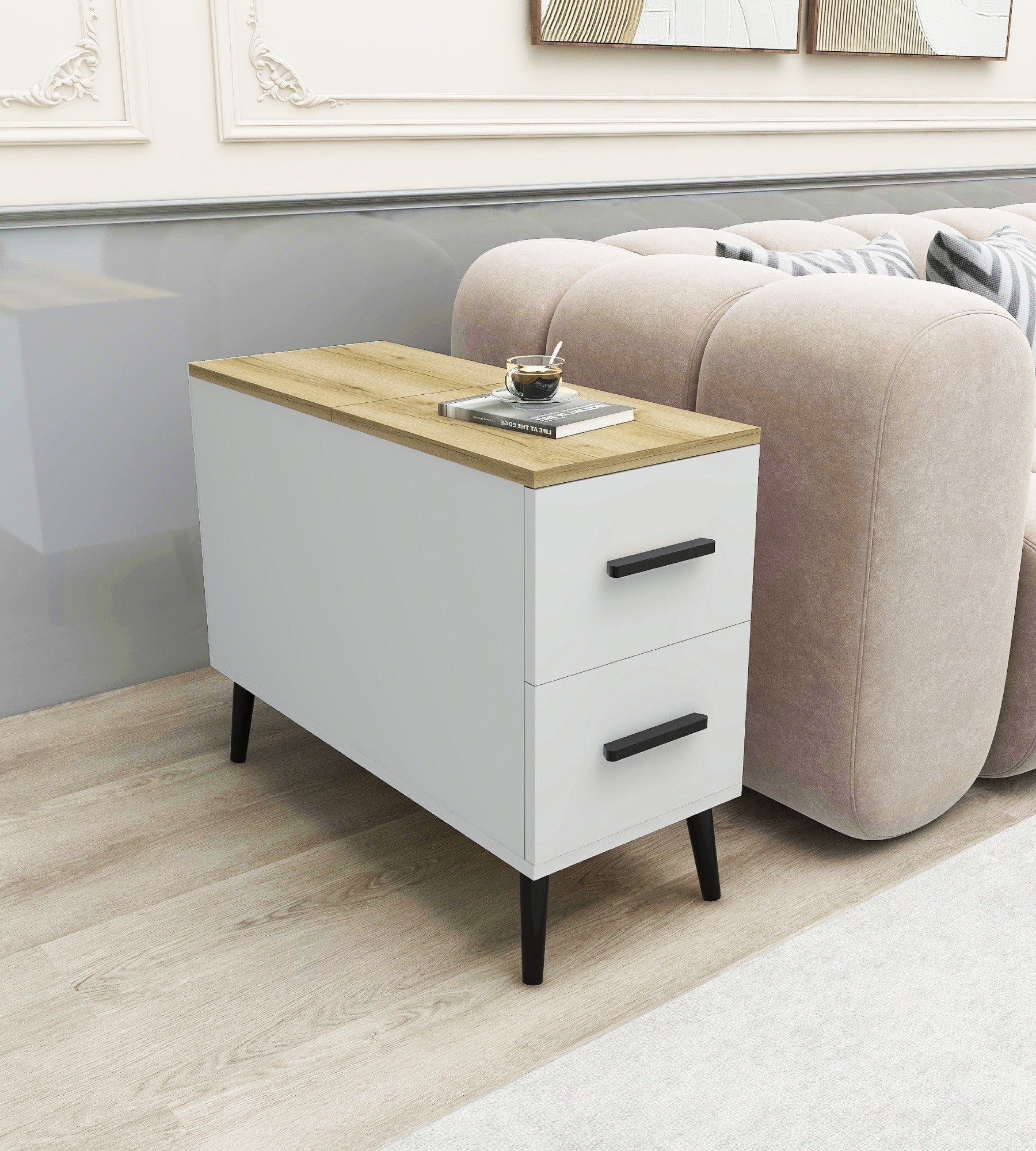 Mesa lateral elegante com 2 gavetas, branca e Delta, 30 x 80 x 80 cm | Painel de partículas 100% revestido em melamina, 18 mm de espessura | Montável na parede, design moderno