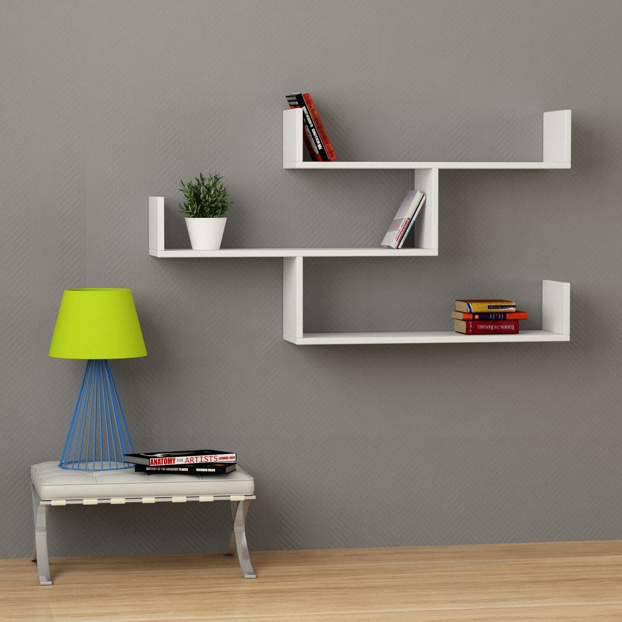 Prateleira de parede elegante, branca, 119 x 66,5 x 23 cm | Painel de partículas 100% revestido de melamina, 18 mm de espessura | Várias prateleiras, montável na parede, design moderno