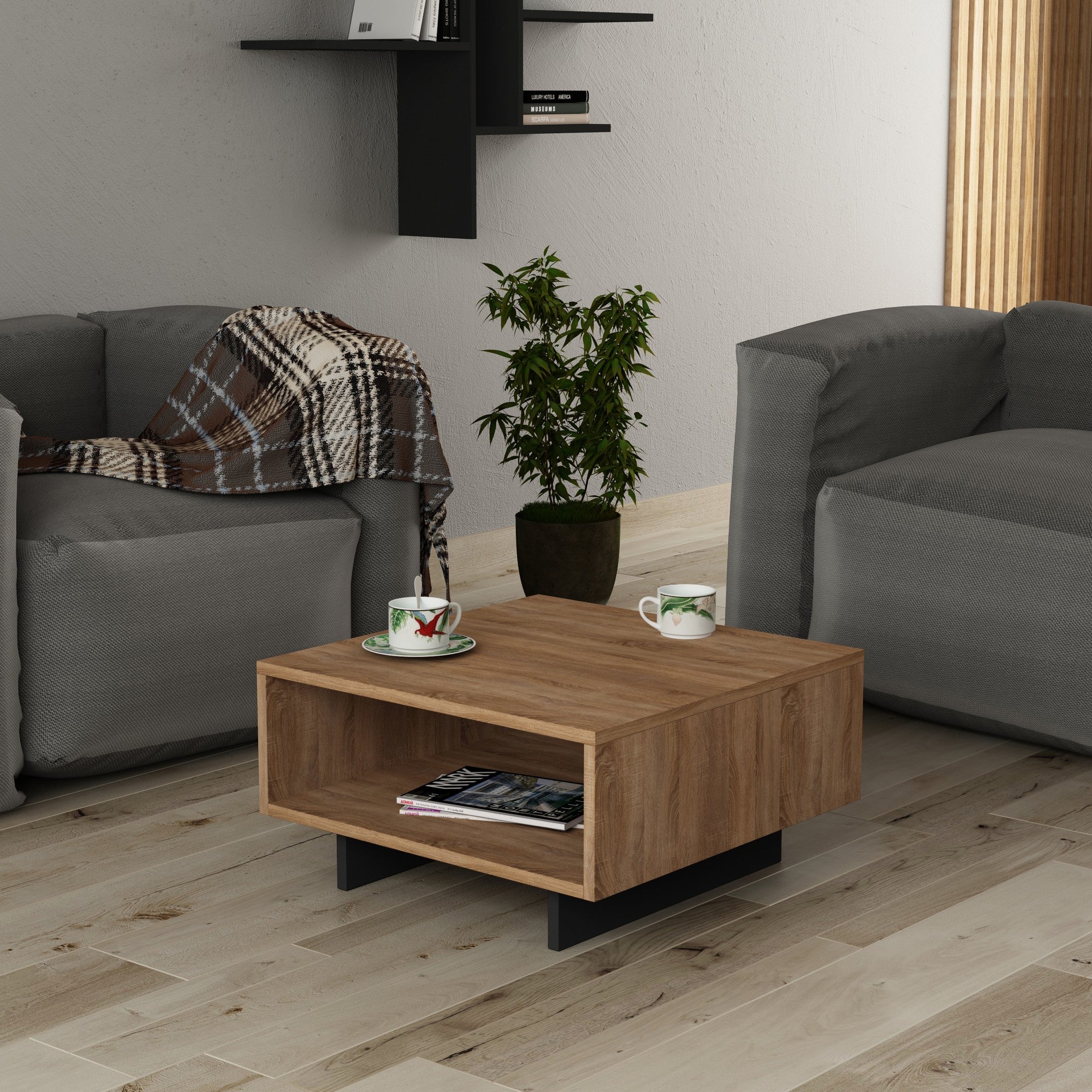 Mesa de Centro Moderna, Carvalho e Antracite, 60 x 32 x 60 cm | Painel de Partículas 100% Revestido com Melamina, 18 mm de Espessura | Montagem Automática, Design Escandinavo Elegante