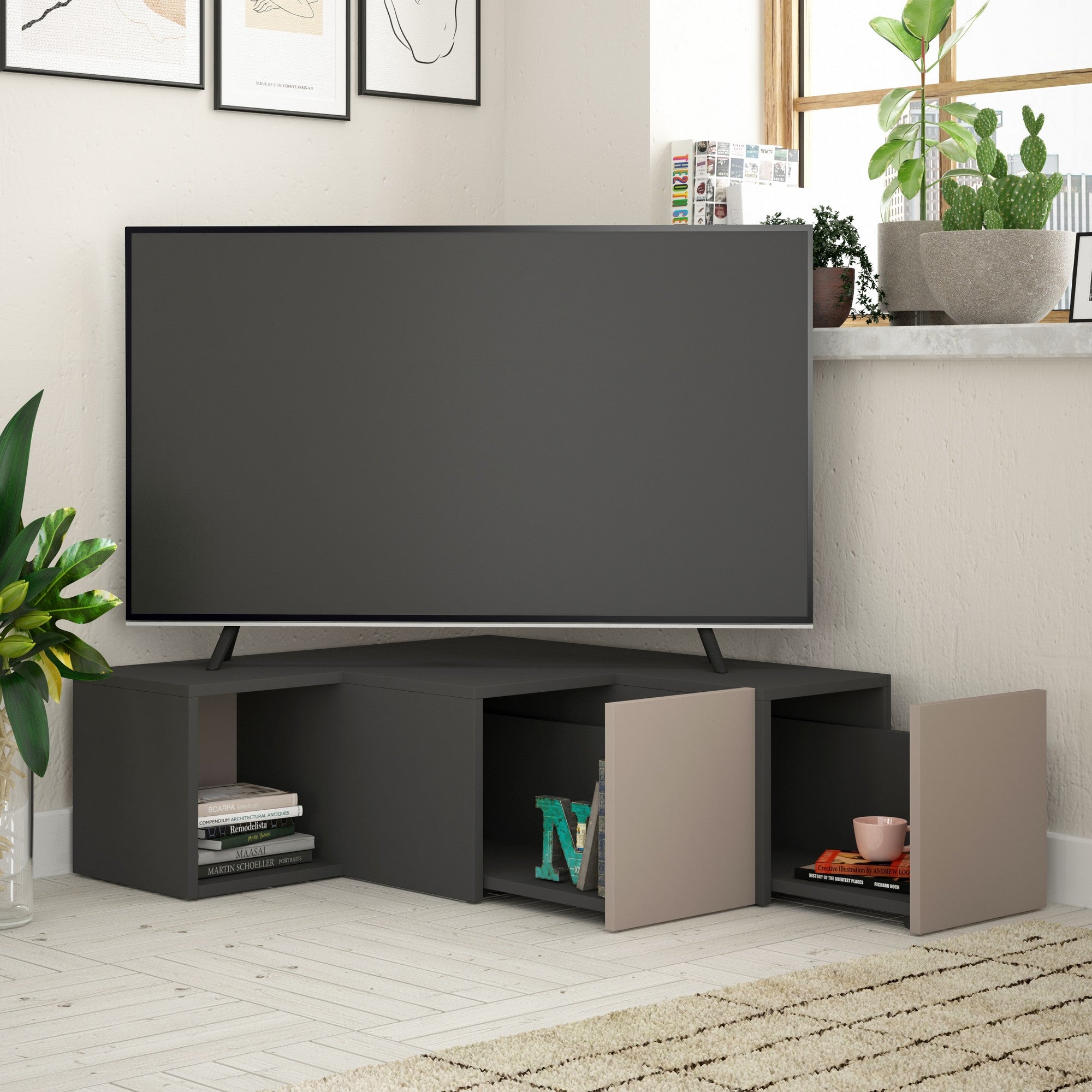 Suporte de TV moderno com opção de montagem na parede, antracite e marrom claro, 90 x 32 x 92 cm | 100% revestido em melamina, 18 mm de espessura, várias prateleiras para armazenamento elegante
