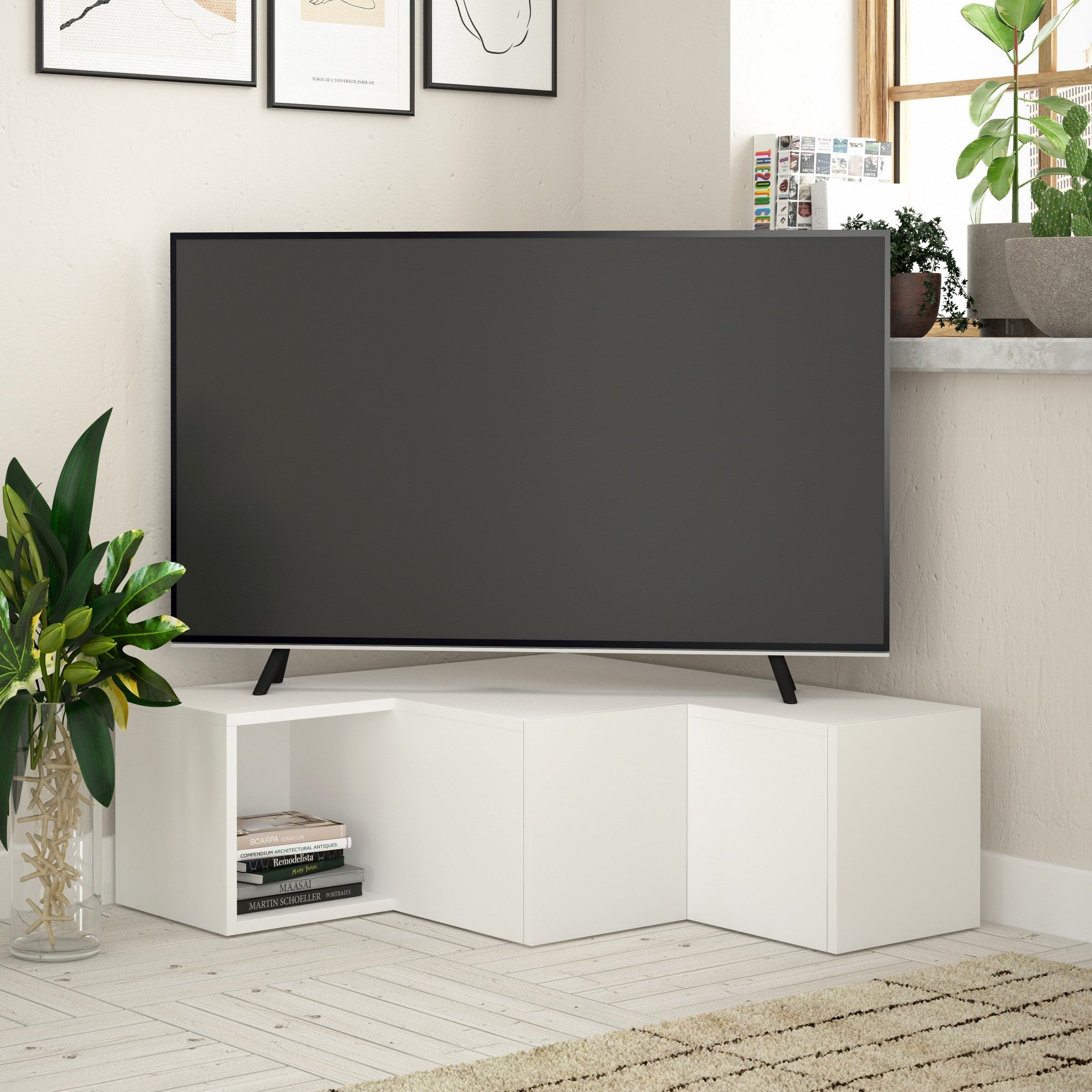 Suporte de TV moderno branco, 90 cm | Painel de partículas 100% revestido em melamina, 18 mm de espessura | Montável na parede com várias prateleiras | Design escandinavo