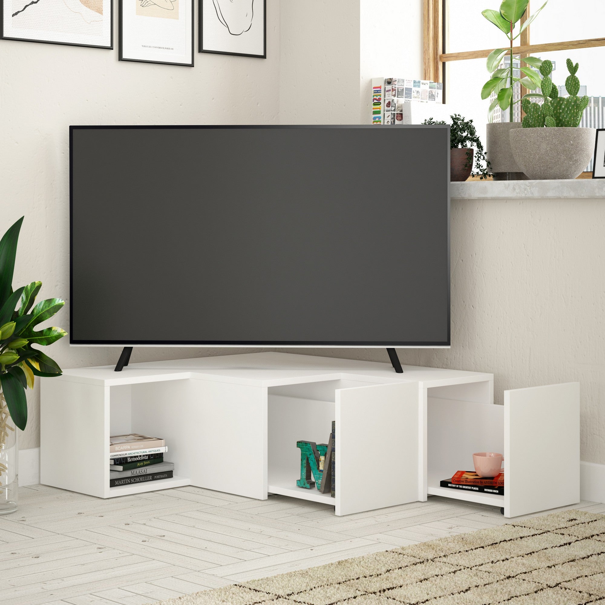 Suporte de TV moderno branco, 90 cm | Painel de partículas 100% revestido em melamina, 18 mm de espessura | Montável na parede com várias prateleiras | Design escandinavo