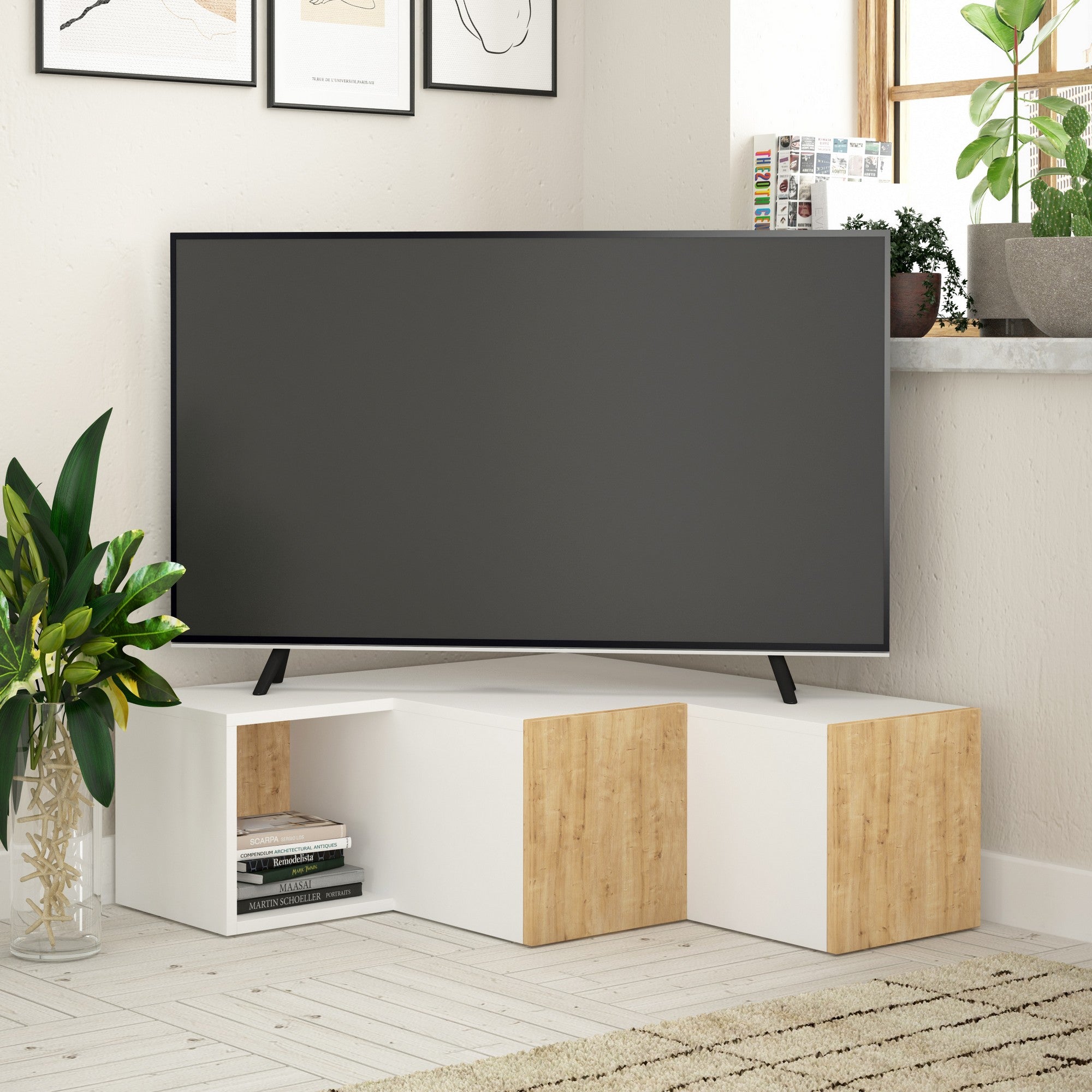 Suporte de TV moderno com opção de montagem na parede, branco e carvalho, 90 x 32 x 92 cm | Painel de partículas 100% revestido de melamina, 18 mm de espessura | Design elegante e funcional