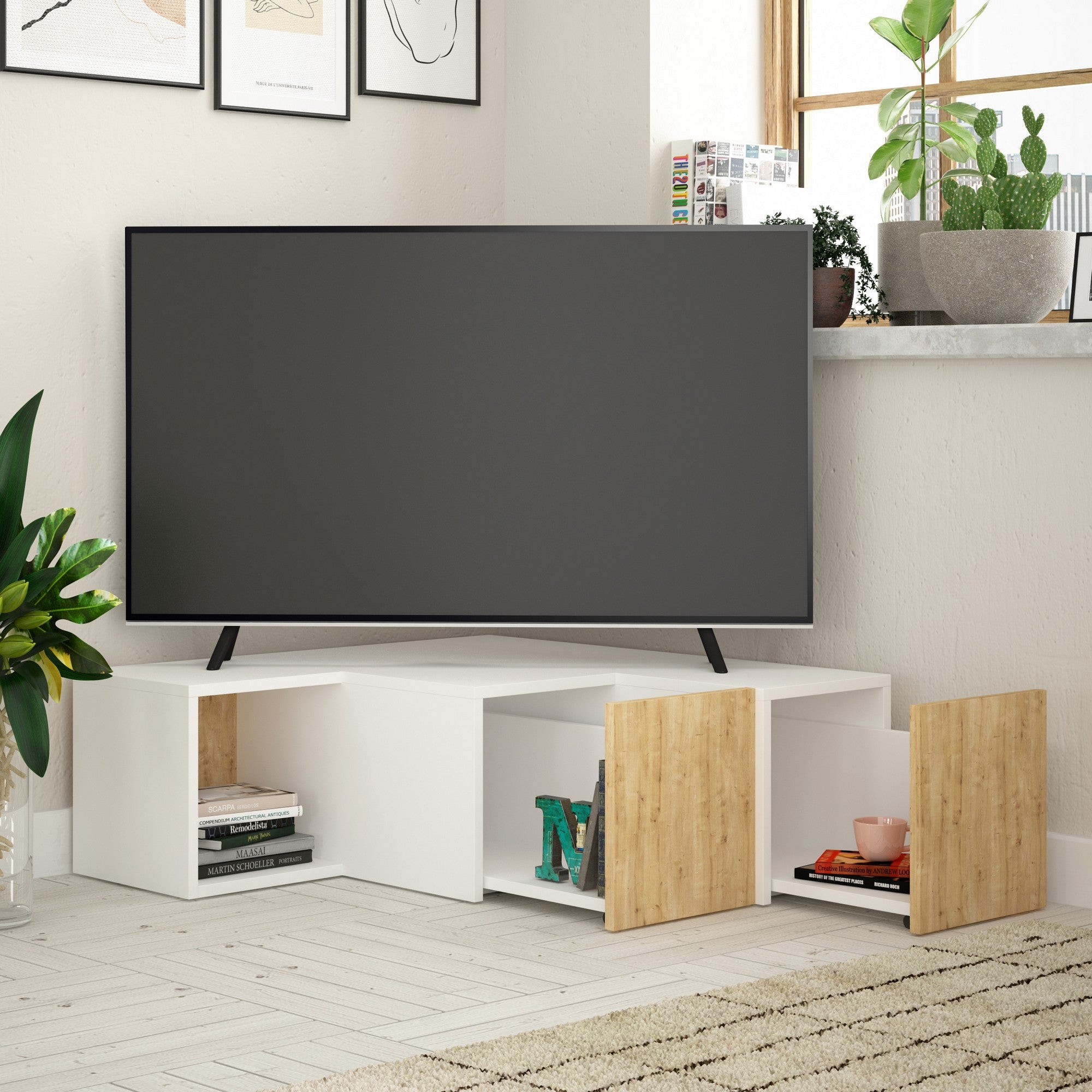 Suporte de TV moderno com opção de montagem na parede, branco e carvalho, 90 x 32 x 92 cm | Painel de partículas 100% revestido de melamina, 18 mm de espessura | Design elegante e funcional