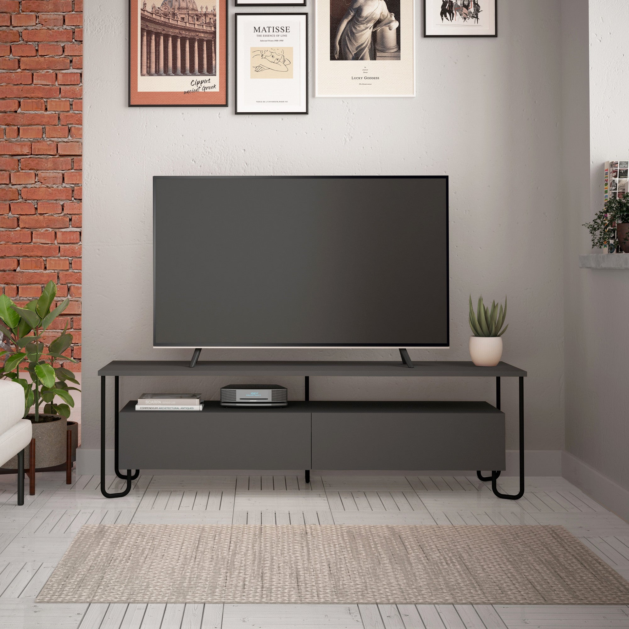 Mesa de TV Antracite 150cm com Prateleiras Múltiplas e Dobradiças Soft-Close - Fixação à Parede Incluída