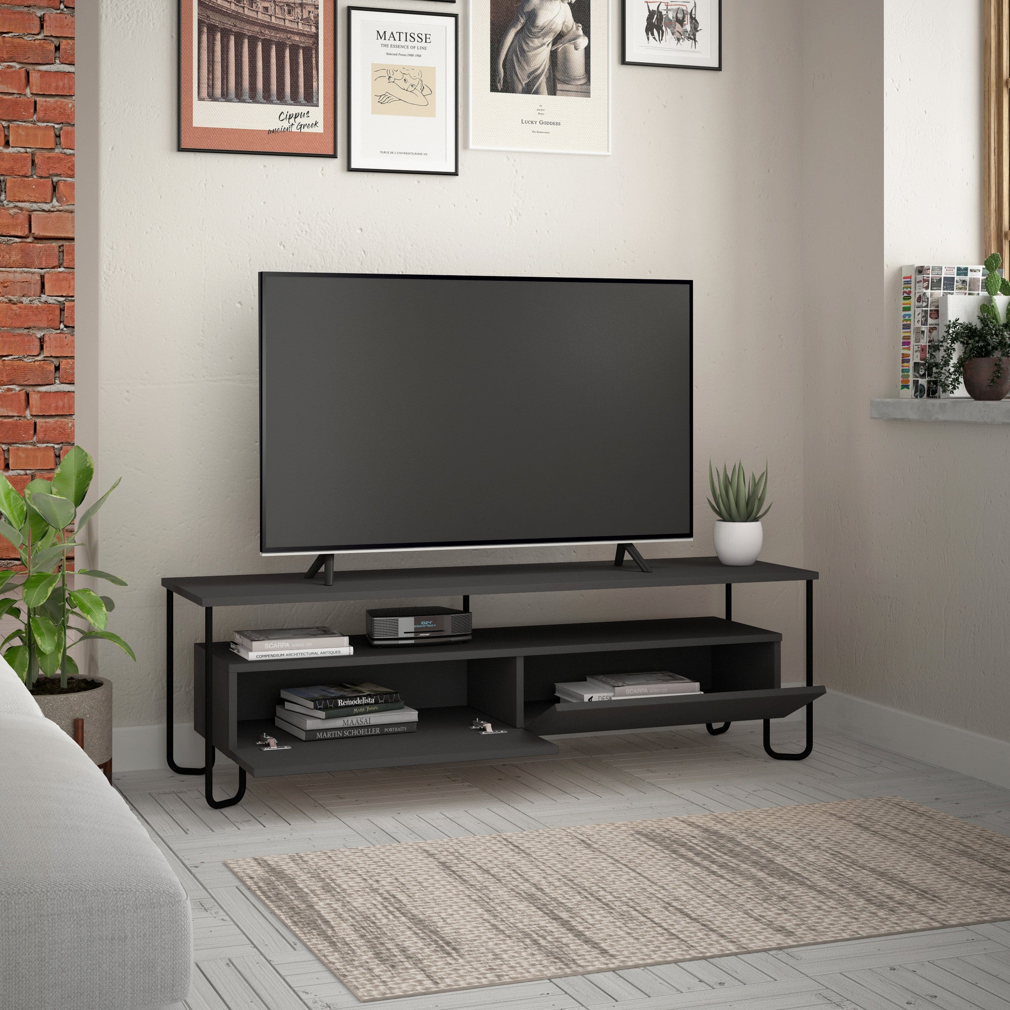 Mesa de TV Antracite 150cm com Prateleiras Múltiplas e Dobradiças Soft-Close - Fixação à Parede Incluída