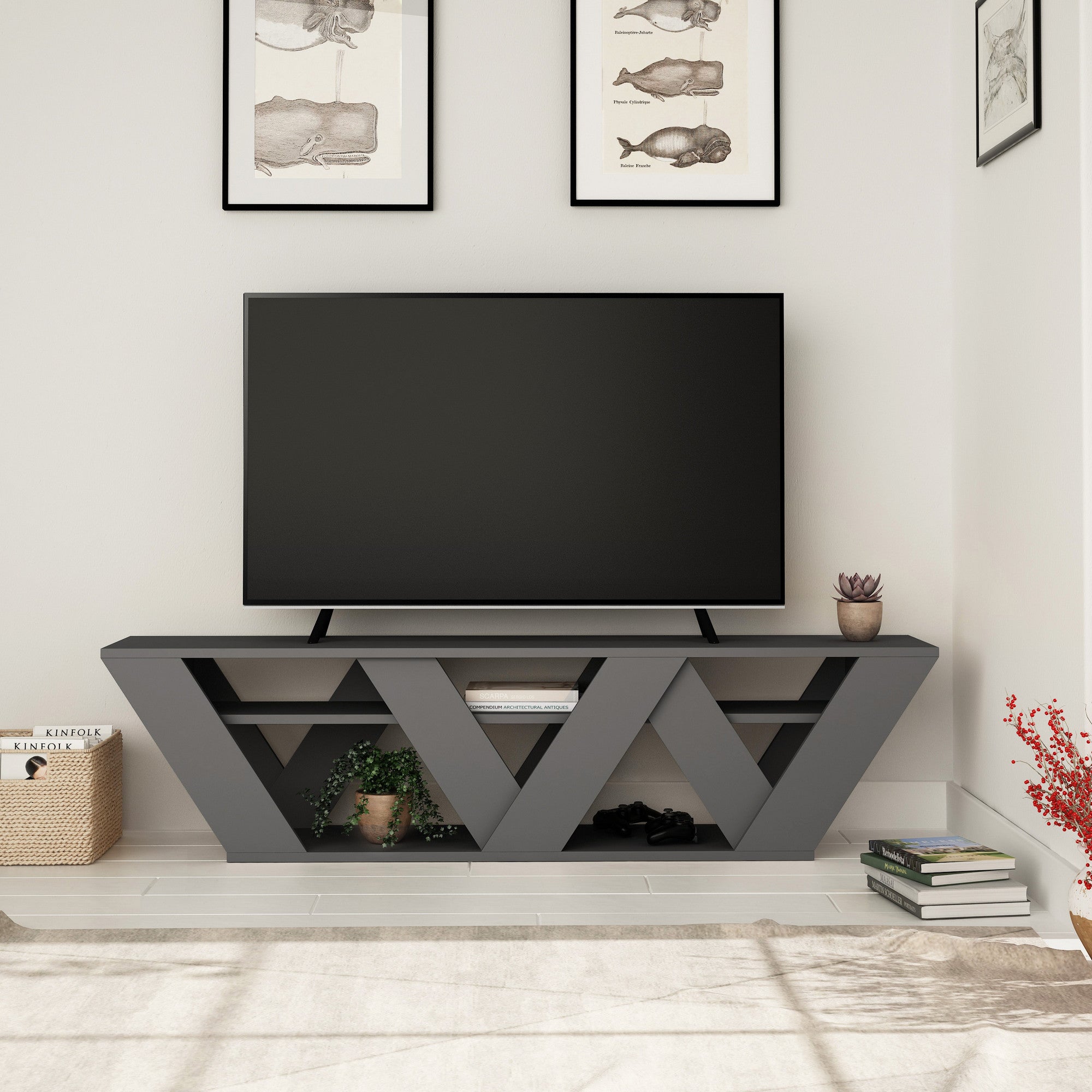 Suporte de TV moderno em antracite, 158 cm | Painel de partículas 100% revestido em melamina, 18 mm de espessura | Montável na parede com várias prateleiras, design escandinavo