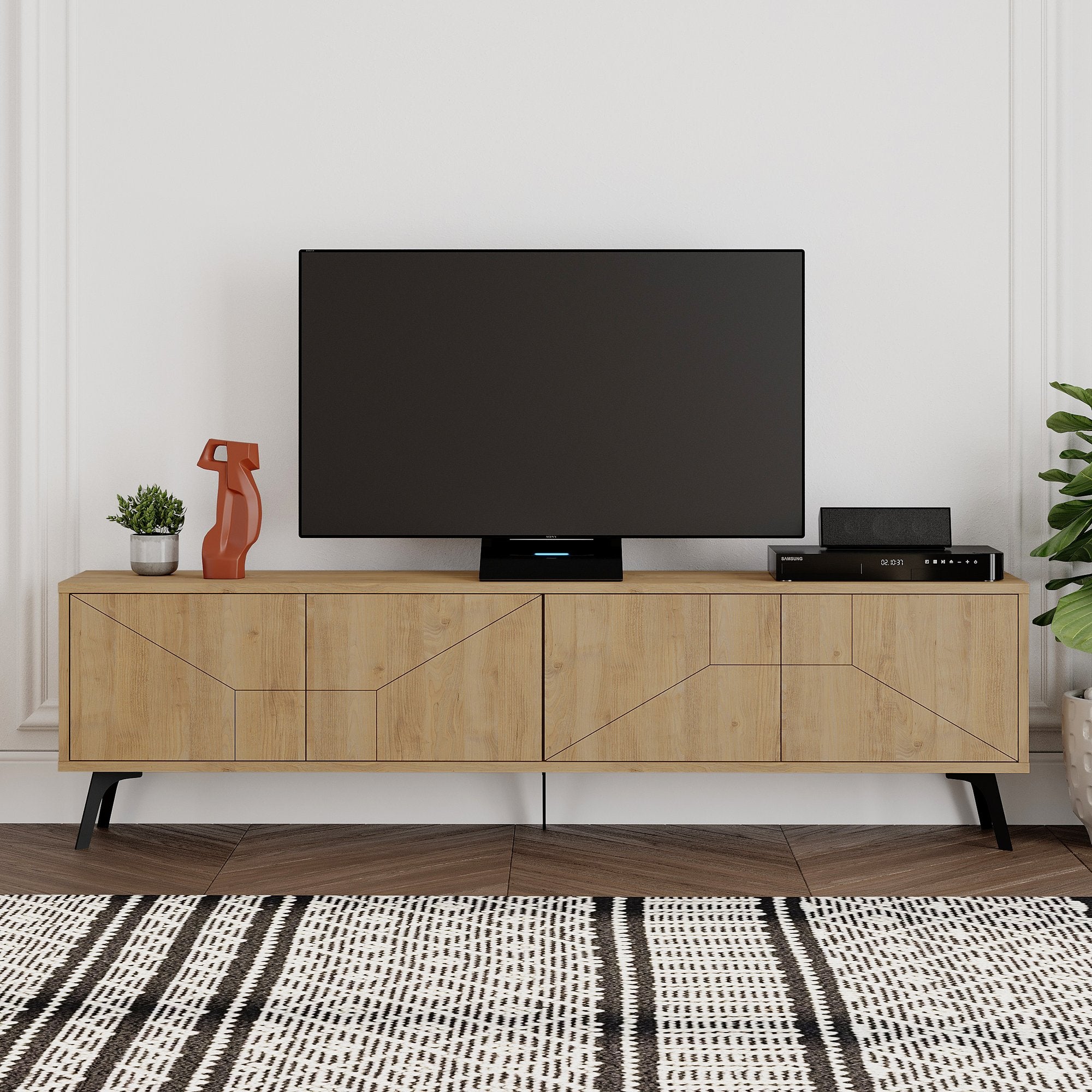 Suporte de TV moderno em carvalho, 180 cm, 100% revestido em melamina, 18 mm de espessura, dobradiças de fechamento suave, pernas de metal, design industrial/escandinavo, elegante e funcional