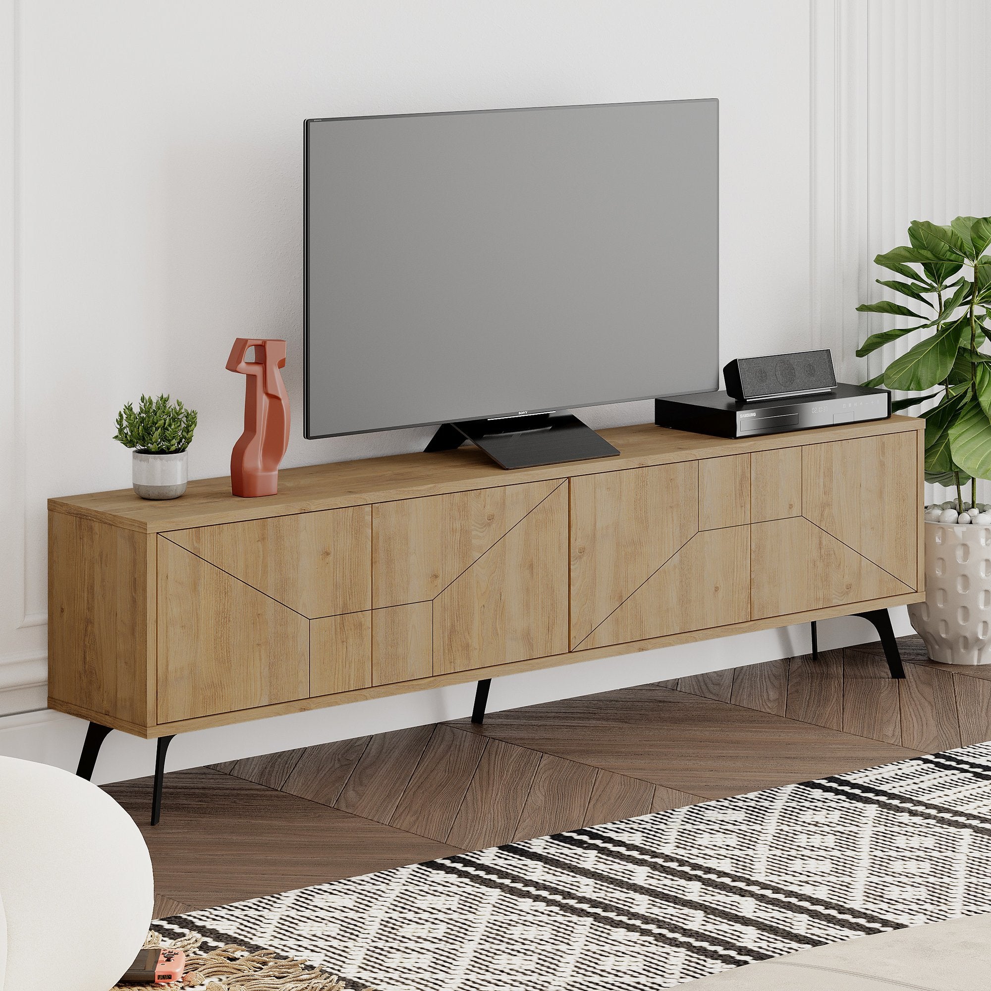 Suporte de TV moderno em carvalho, 180 cm, 100% revestido em melamina, 18 mm de espessura, dobradiças de fechamento suave, pernas de metal, design industrial/escandinavo, elegante e funcional