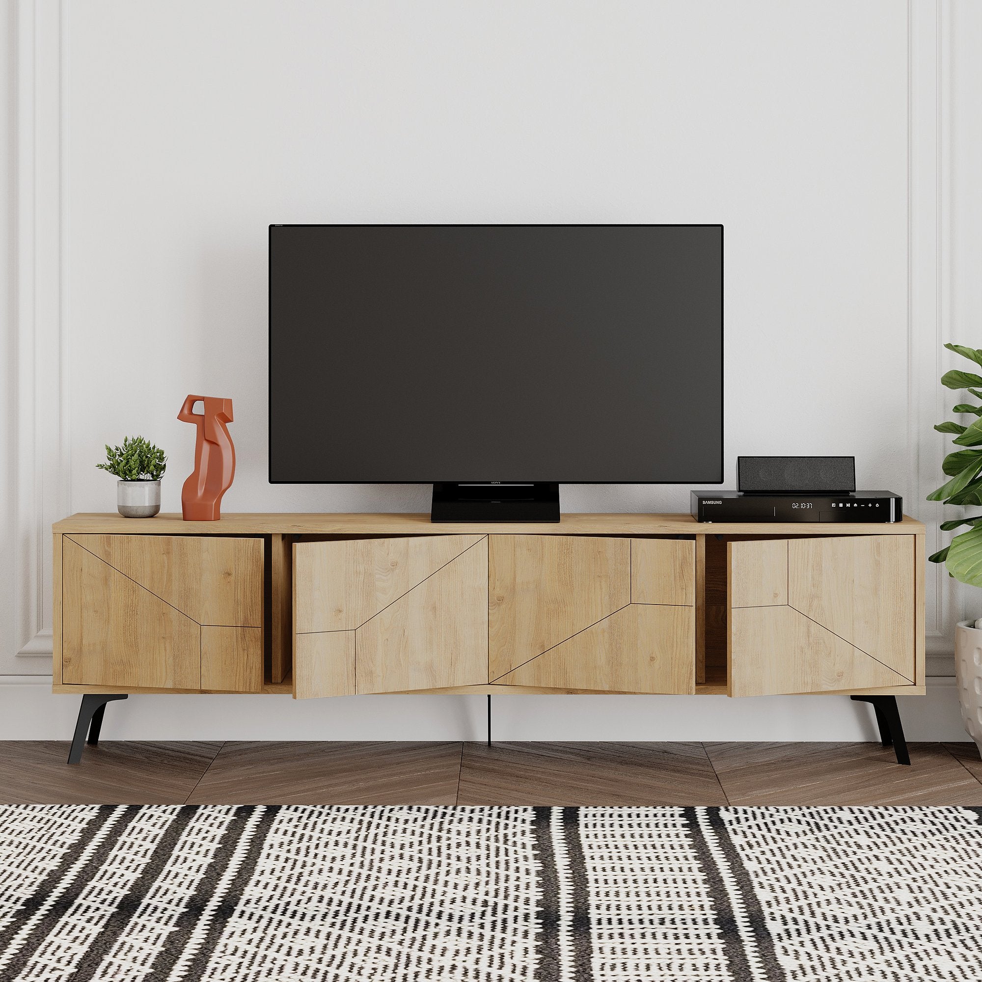 Suporte de TV moderno em carvalho, 180 cm, 100% revestido em melamina, 18 mm de espessura, dobradiças de fechamento suave, pernas de metal, design industrial/escandinavo, elegante e funcional