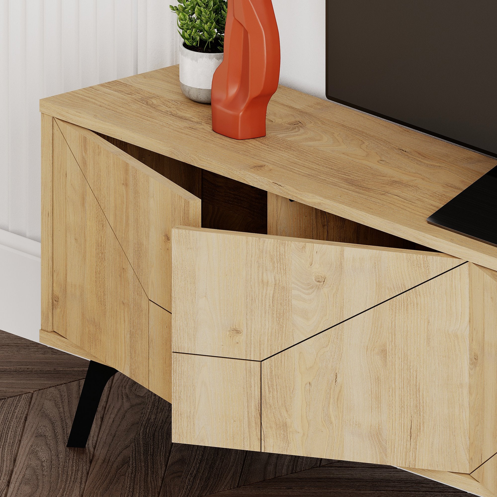 Suporte de TV moderno em carvalho, 180 cm, 100% revestido em melamina, 18 mm de espessura, dobradiças de fechamento suave, pernas de metal, design industrial/escandinavo, elegante e funcional