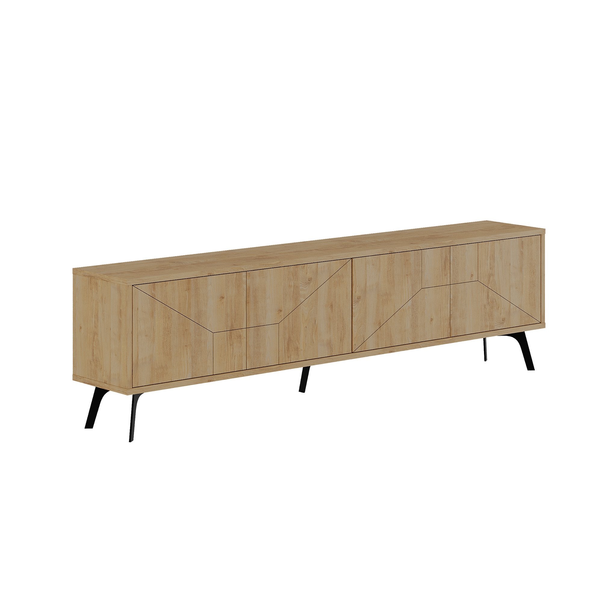 Suporte de TV moderno em carvalho, 180 cm, 100% revestido em melamina, 18 mm de espessura, dobradiças de fechamento suave, pernas de metal, design industrial/escandinavo, elegante e funcional