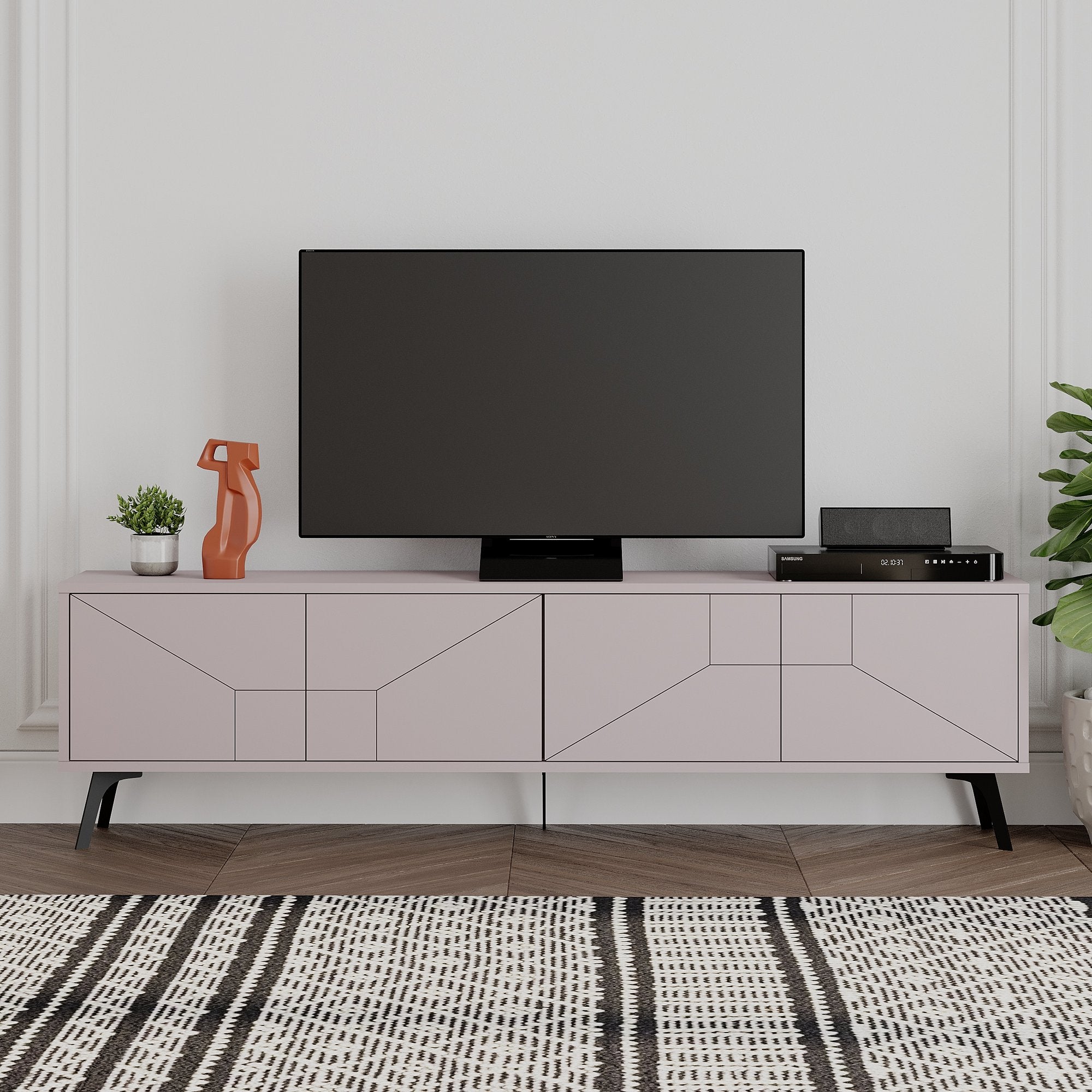Suporte de TV moderno, cor mocha claro, 180 x 50 x 29,6 cm | Painel de partículas 100% revestido em melamina, 18 mm de espessura | Dobradiças com fechamento suave, pernas de metal, elegante e funcional