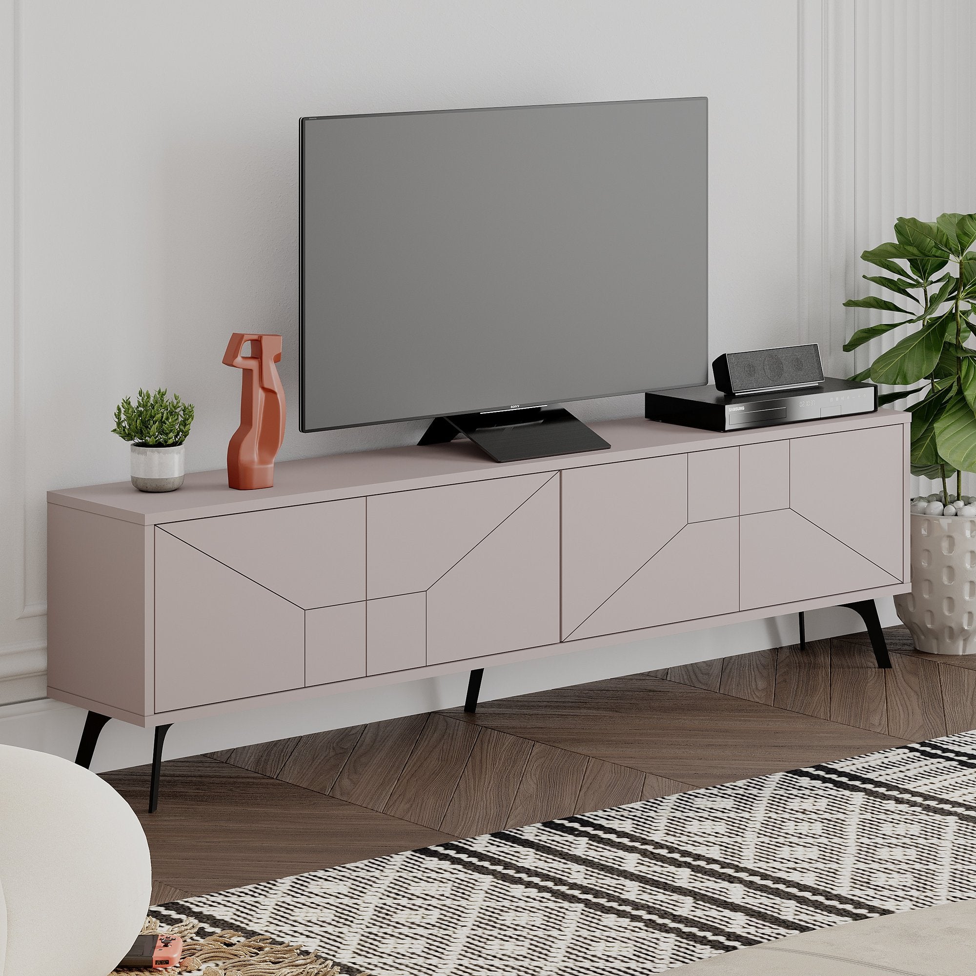 Suporte de TV moderno, cor mocha claro, 180 x 50 x 29,6 cm | Painel de partículas 100% revestido em melamina, 18 mm de espessura | Dobradiças com fechamento suave, pernas de metal, elegante e funcional