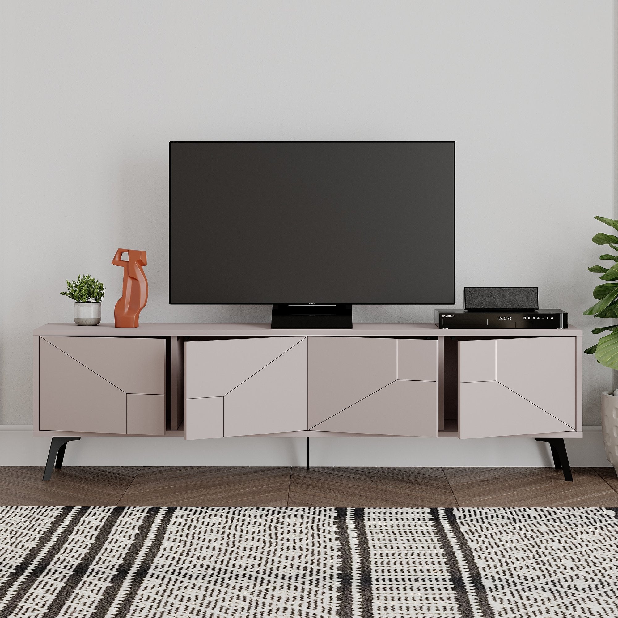Suporte de TV moderno, cor mocha claro, 180 x 50 x 29,6 cm | Painel de partículas 100% revestido em melamina, 18 mm de espessura | Dobradiças com fechamento suave, pernas de metal, elegante e funcional