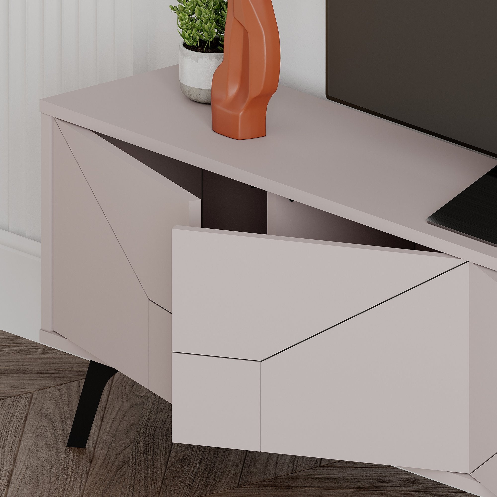 Suporte de TV moderno, cor mocha claro, 180 x 50 x 29,6 cm | Painel de partículas 100% revestido em melamina, 18 mm de espessura | Dobradiças com fechamento suave, pernas de metal, elegante e funcional