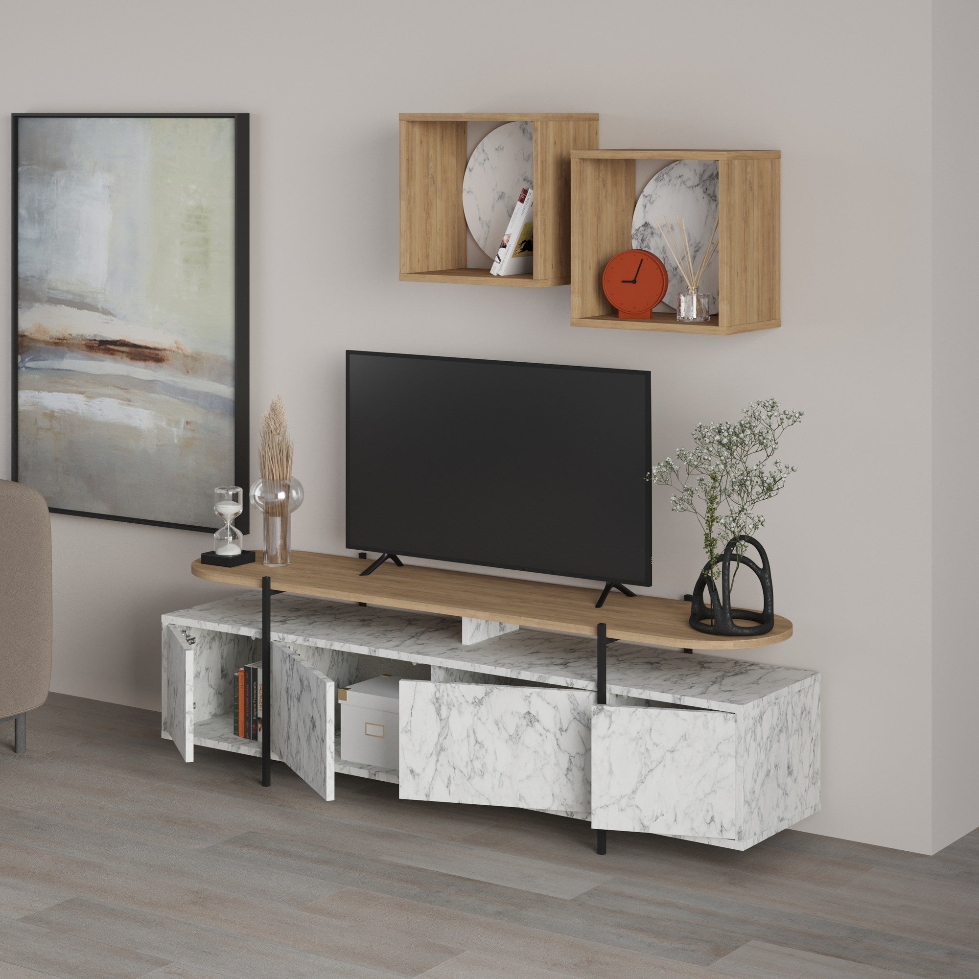 Móvel TV Carrara Carvalho 160cm com Prateleiras de Parede e Dobradiças Soft-Close - Sistema Completo de Arrumação