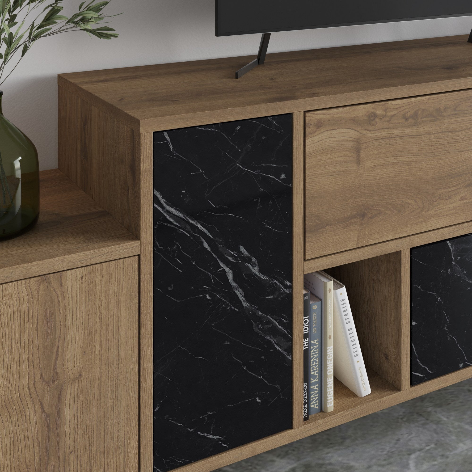 Mesa TV Carvalho e Preto 171cm com Prateleiras Múltiplas e Dobradiças Soft-Close