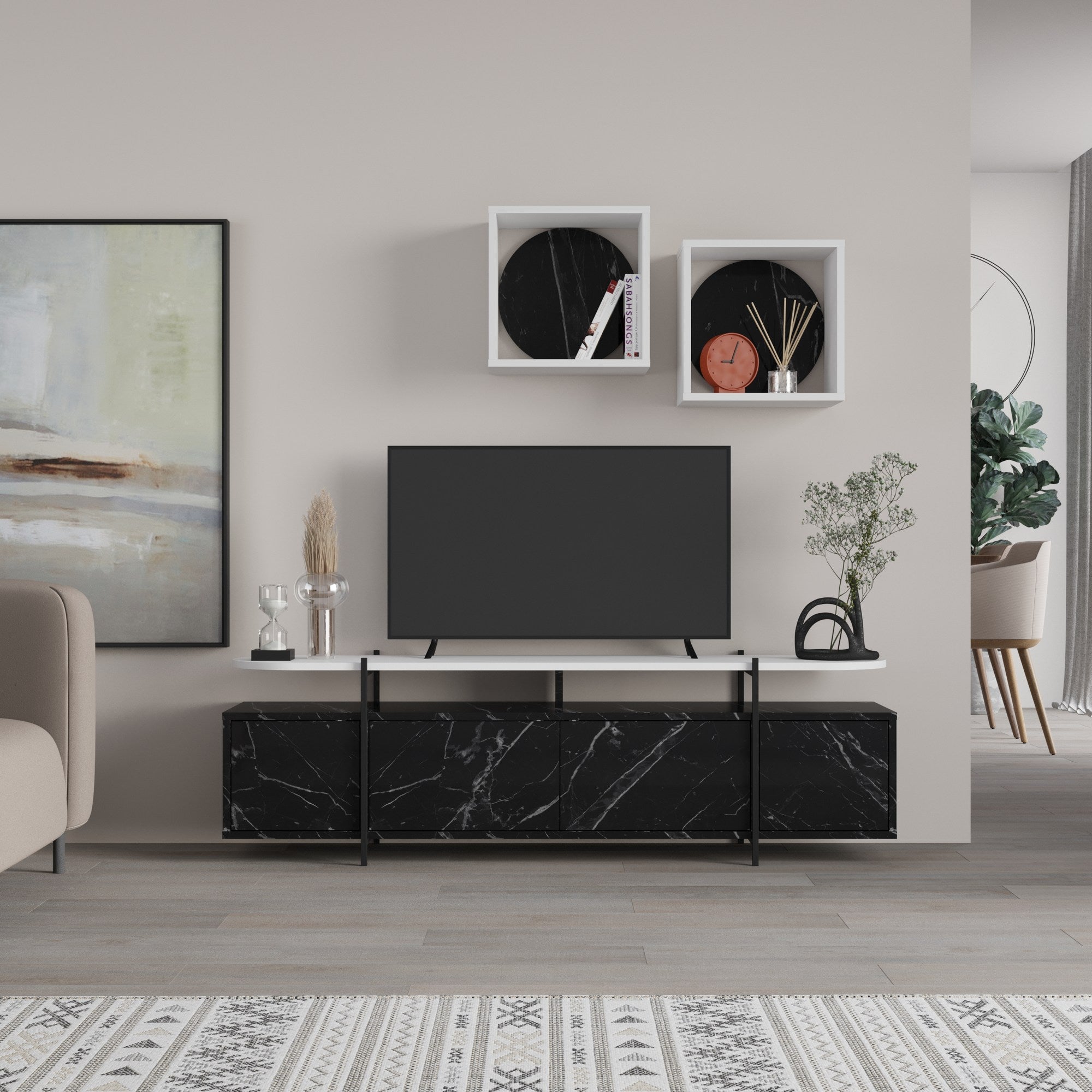 Móvel TV Moderno com Prateleiras de Parede - Design Elegante em Preto e Branco com Dobradiças Soft-Close