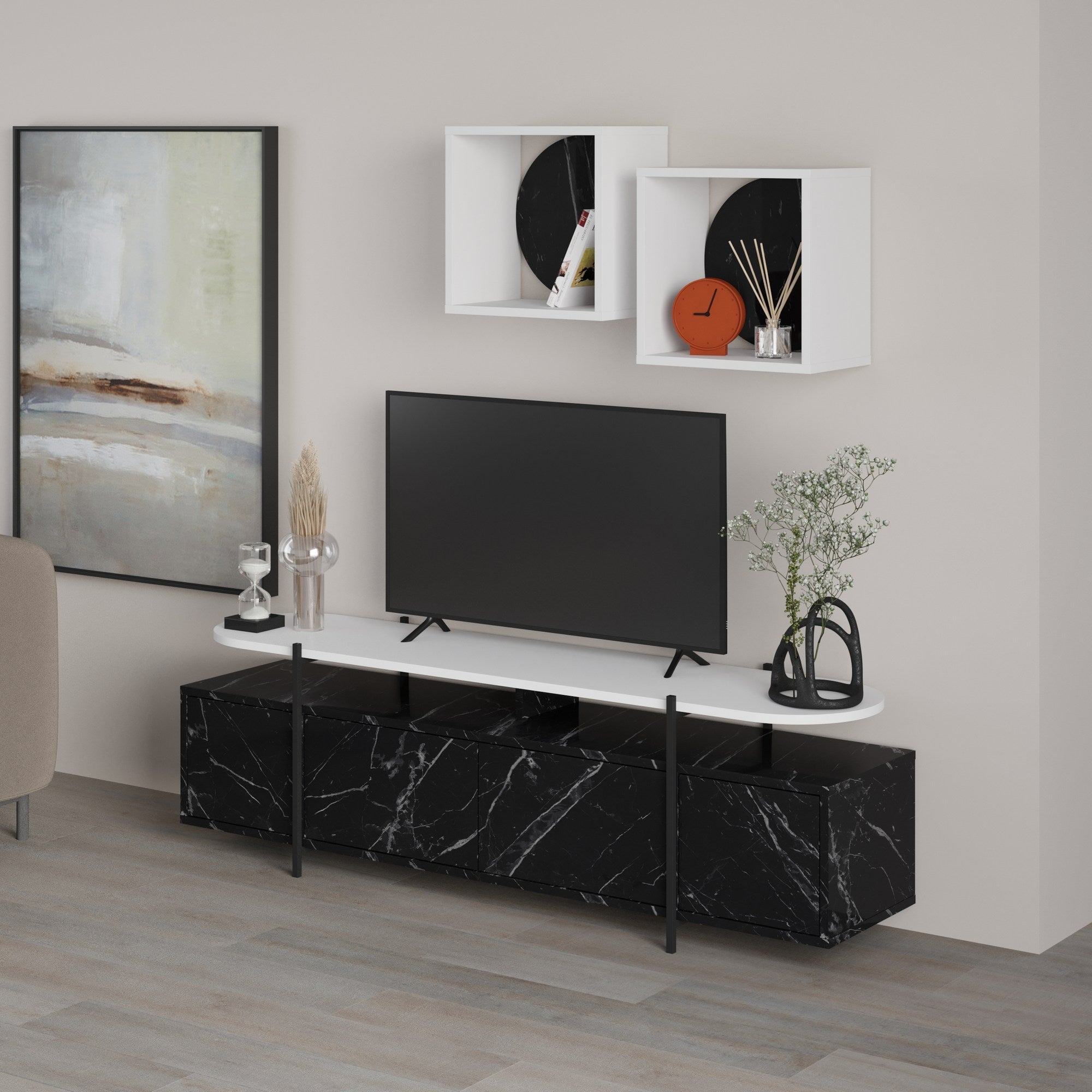 Móvel TV Moderno com Prateleiras de Parede - Design Elegante em Preto e Branco com Dobradiças Soft-Close