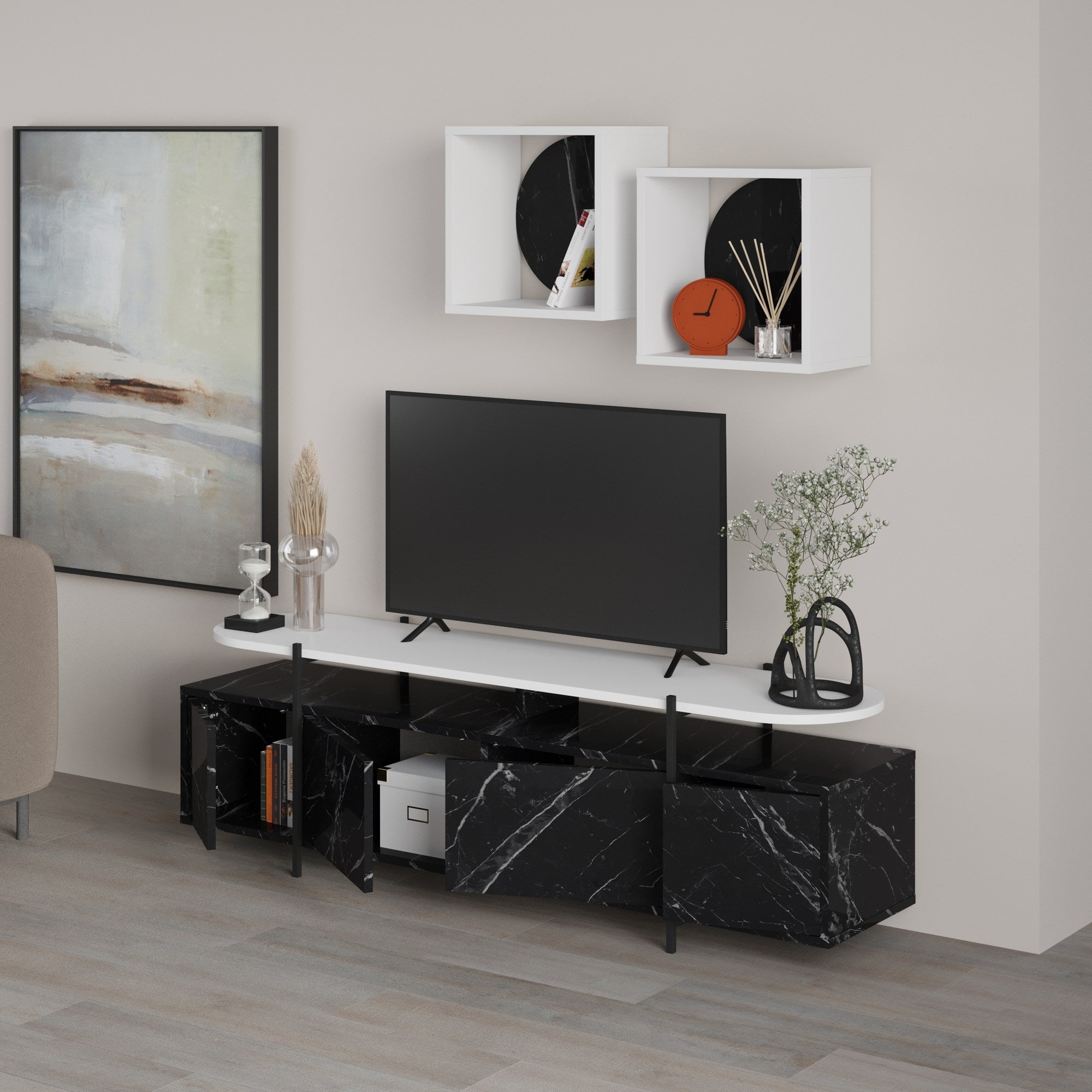 Móvel TV Moderno com Prateleiras de Parede - Design Elegante em Preto e Branco com Dobradiças Soft-Close