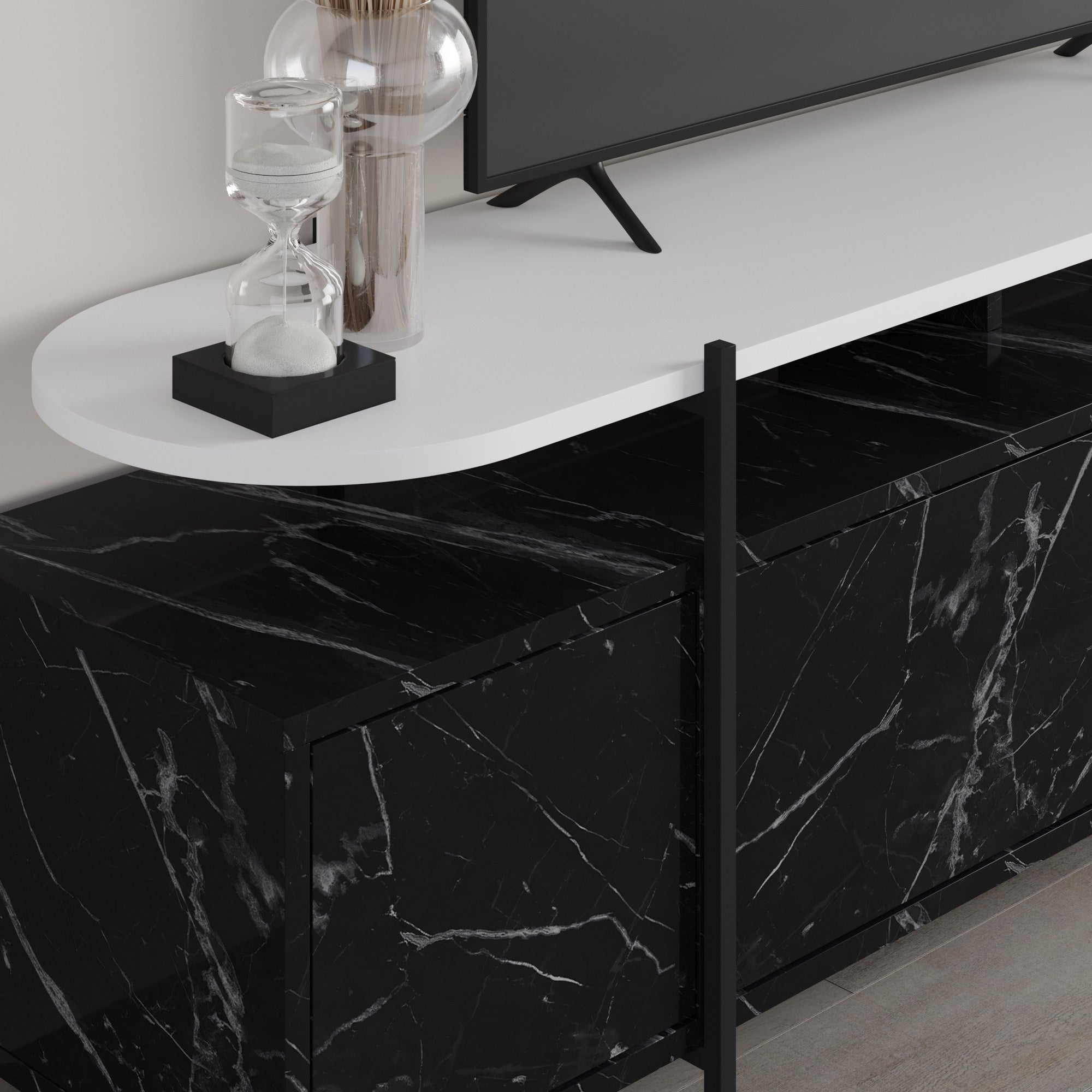 Móvel TV Moderno com Prateleiras de Parede - Design Elegante em Preto e Branco com Dobradiças Soft-Close