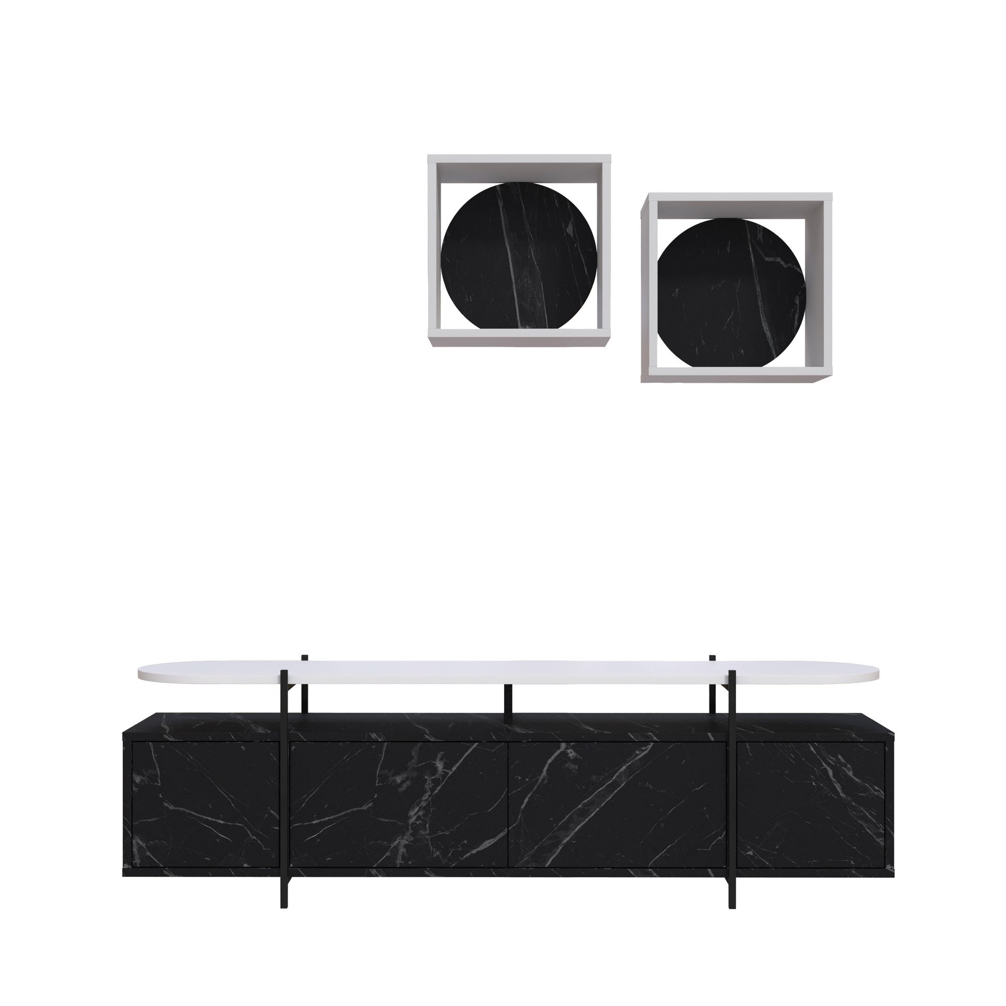 Móvel TV Moderno com Prateleiras de Parede - Design Elegante em Preto e Branco com Dobradiças Soft-Close