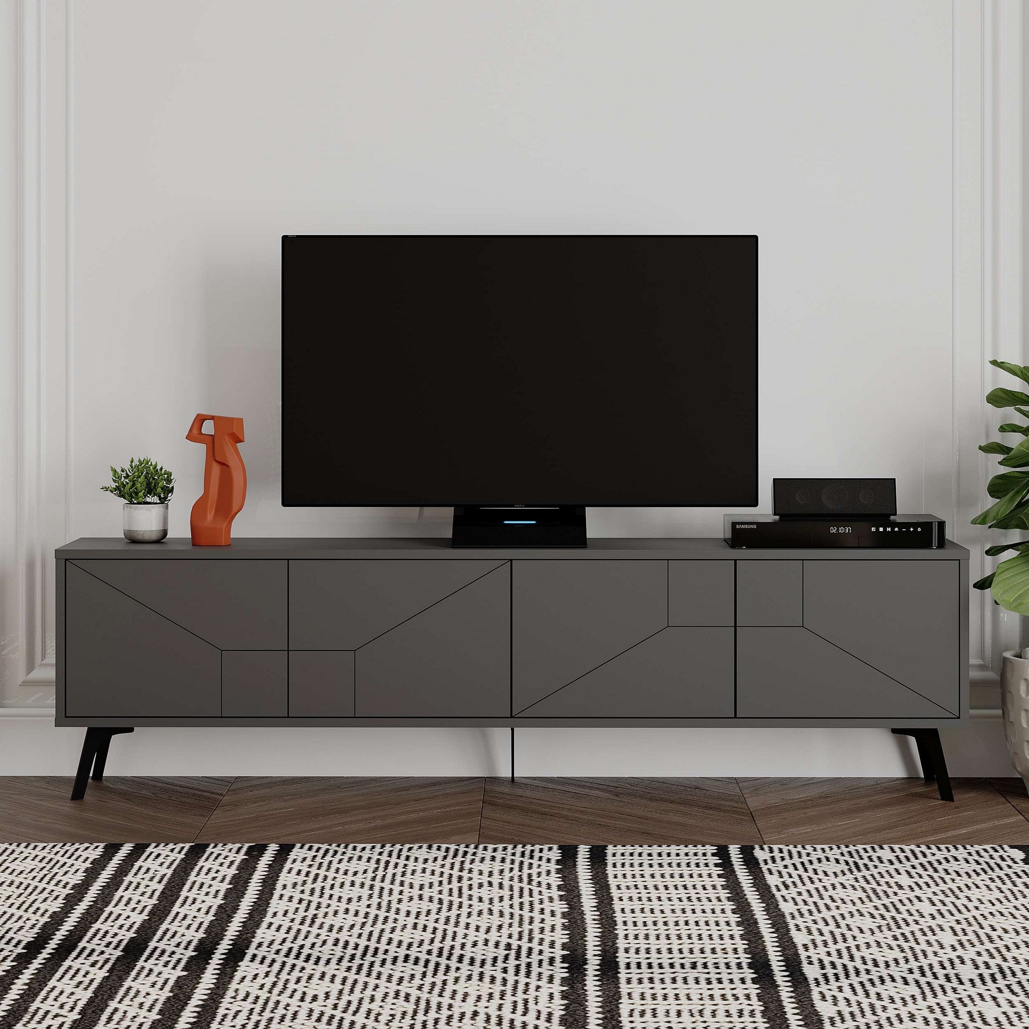 Suporte de TV elegante, antracite, 180 x 50 x 29,6 cm | Painel de partículas 100% revestido de melamina, 18 mm de espessura | Dobradiças com fechamento suave, pernas de metal, prateleiras amplas
