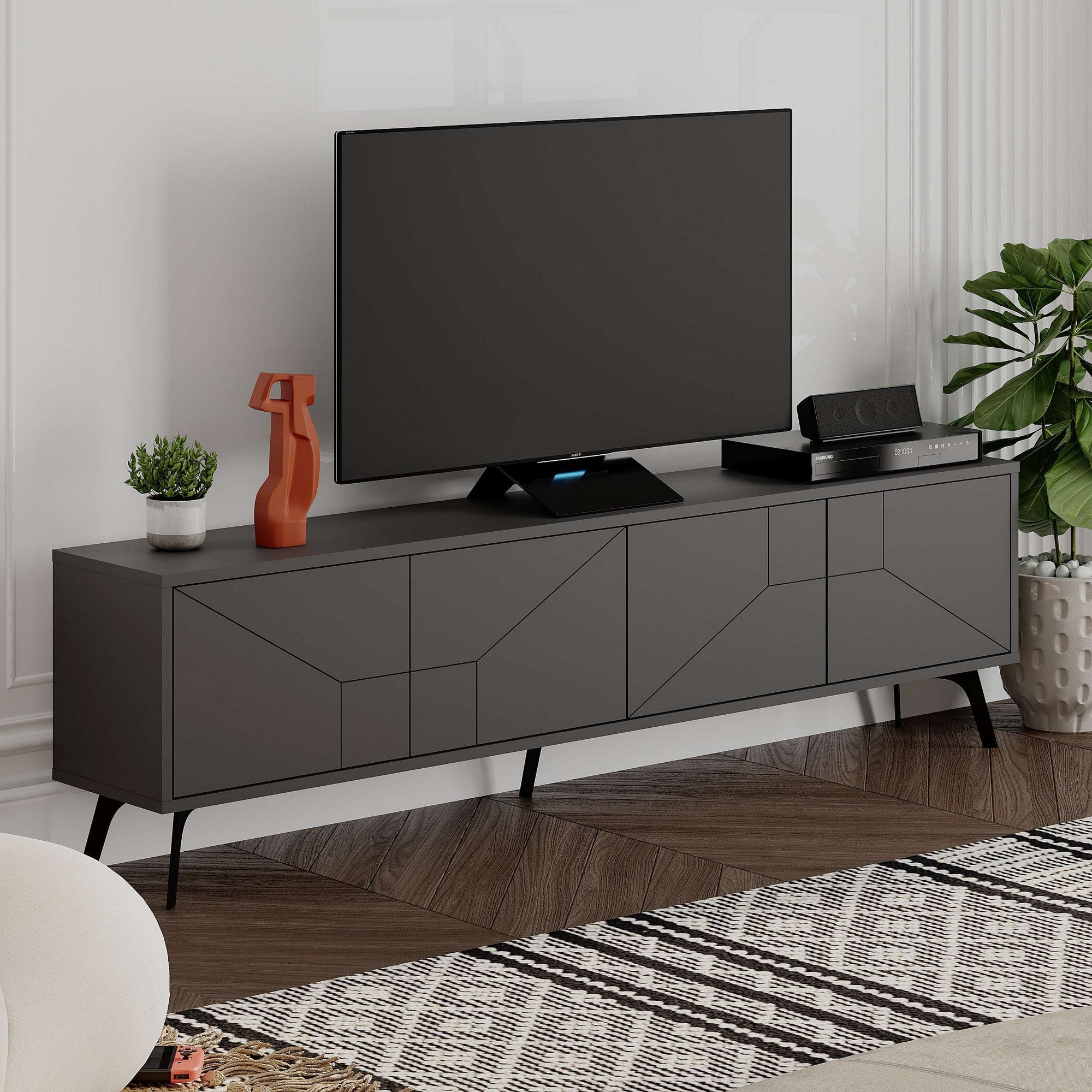 Suporte de TV elegante, antracite, 180 x 50 x 29,6 cm | Painel de partículas 100% revestido de melamina, 18 mm de espessura | Dobradiças com fechamento suave, pernas de metal, prateleiras amplas