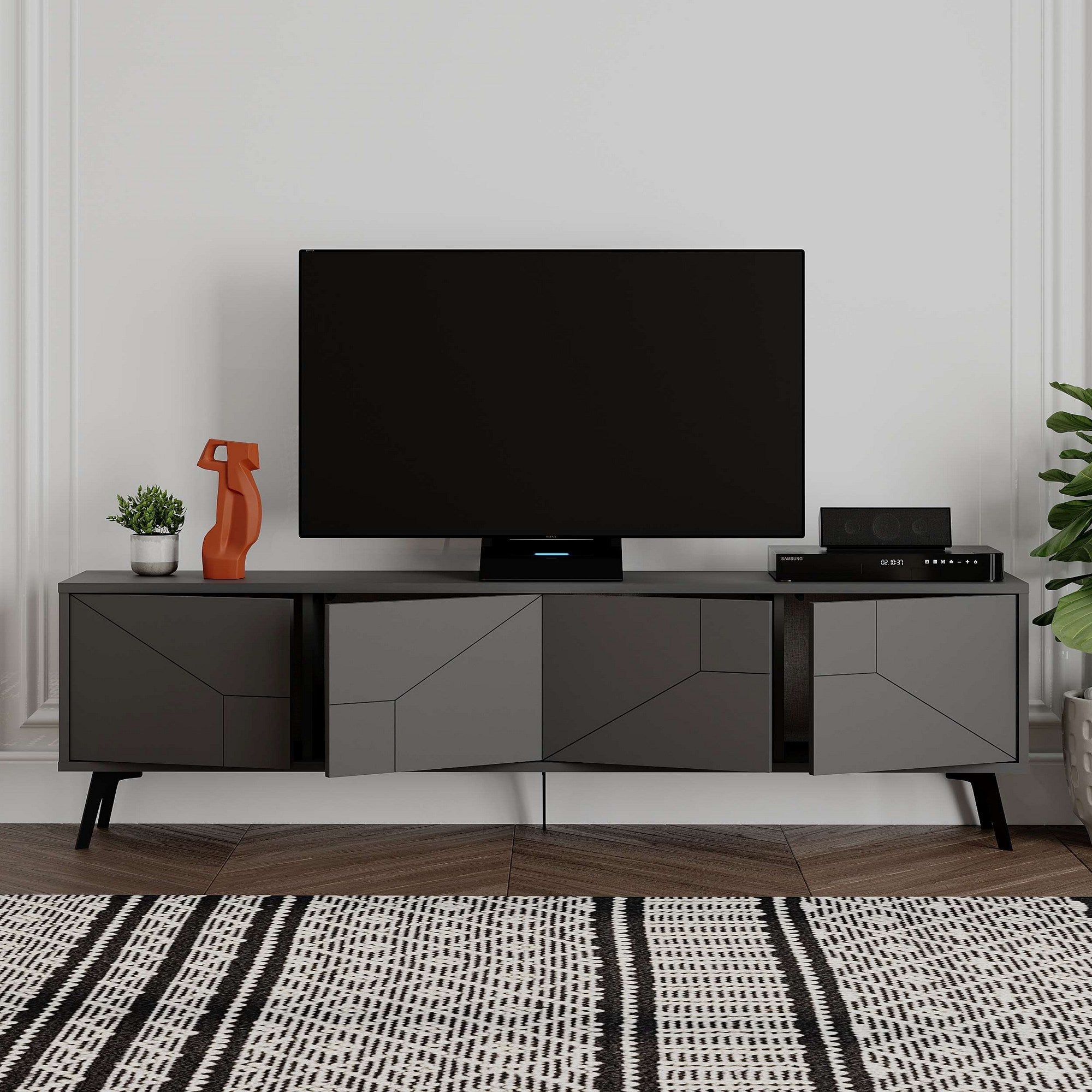 Suporte de TV elegante, antracite, 180 x 50 x 29,6 cm | Painel de partículas 100% revestido de melamina, 18 mm de espessura | Dobradiças com fechamento suave, pernas de metal, prateleiras amplas