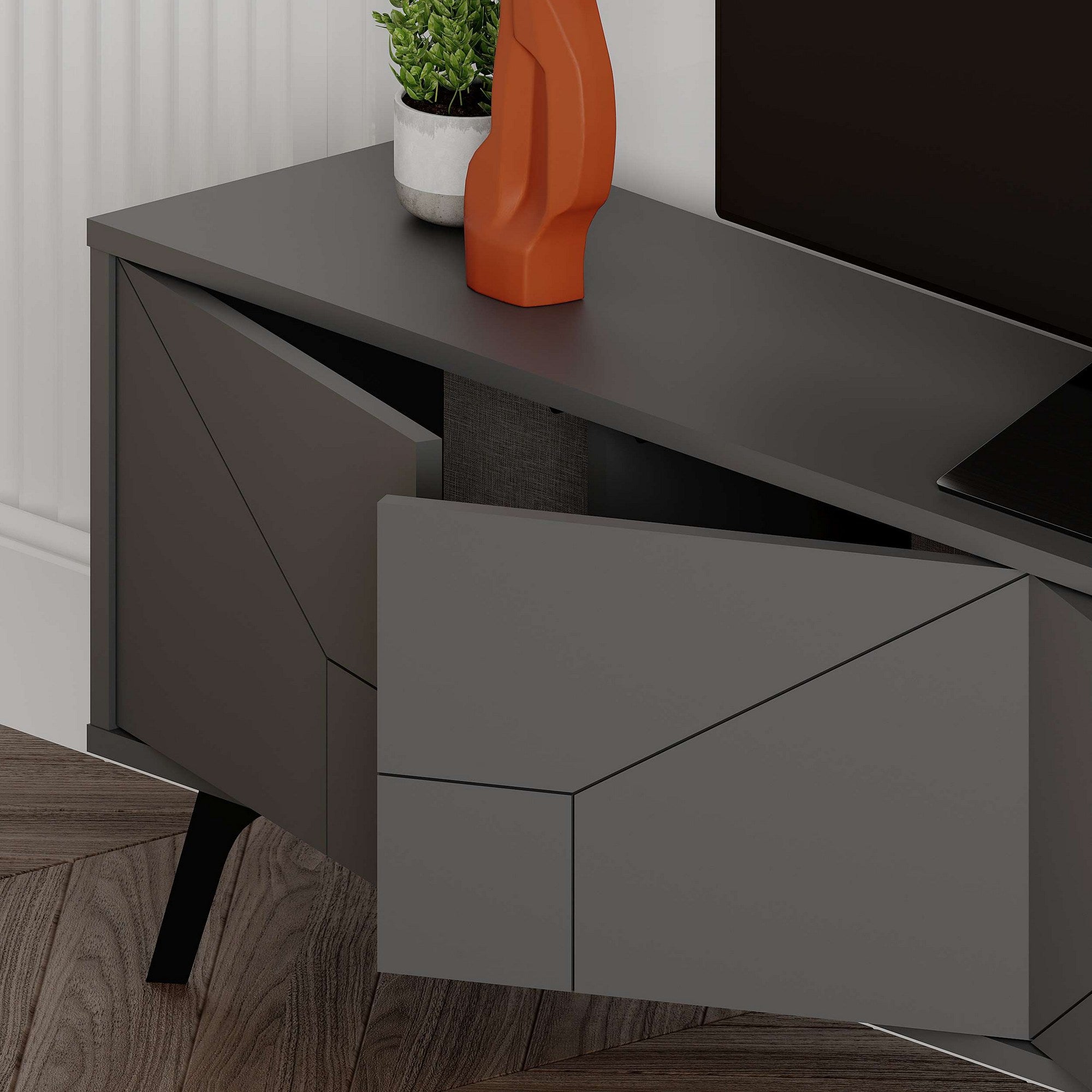 Suporte de TV elegante, antracite, 180 x 50 x 29,6 cm | Painel de partículas 100% revestido de melamina, 18 mm de espessura | Dobradiças com fechamento suave, pernas de metal, prateleiras amplas