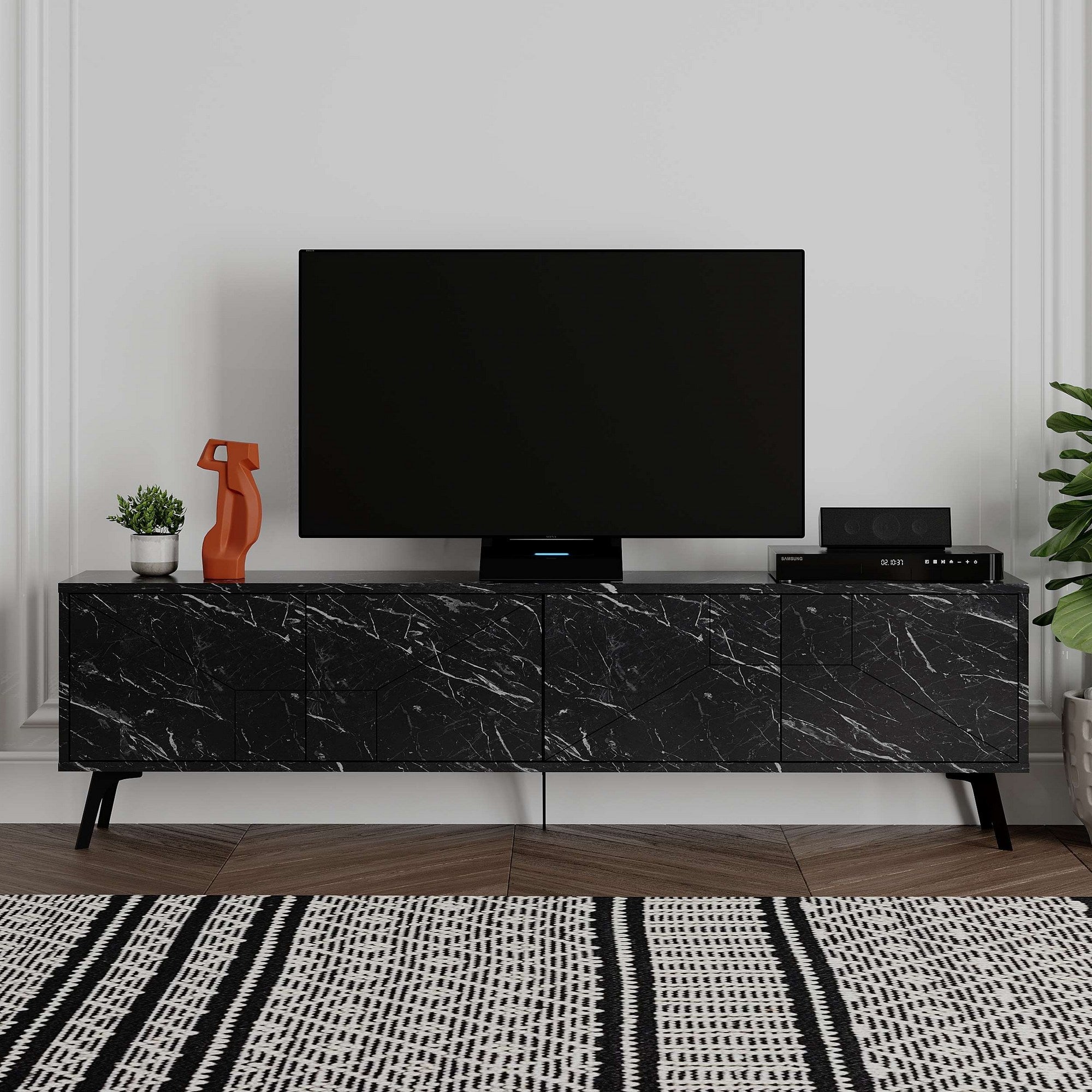 Suporte de TV elegante com pernas de metal, cor Bendir, 180 cm de largura | Painel de partículas 100% revestido de melamina, 18 mm de espessura | Dobradiças de fechamento suave e várias prateleiras