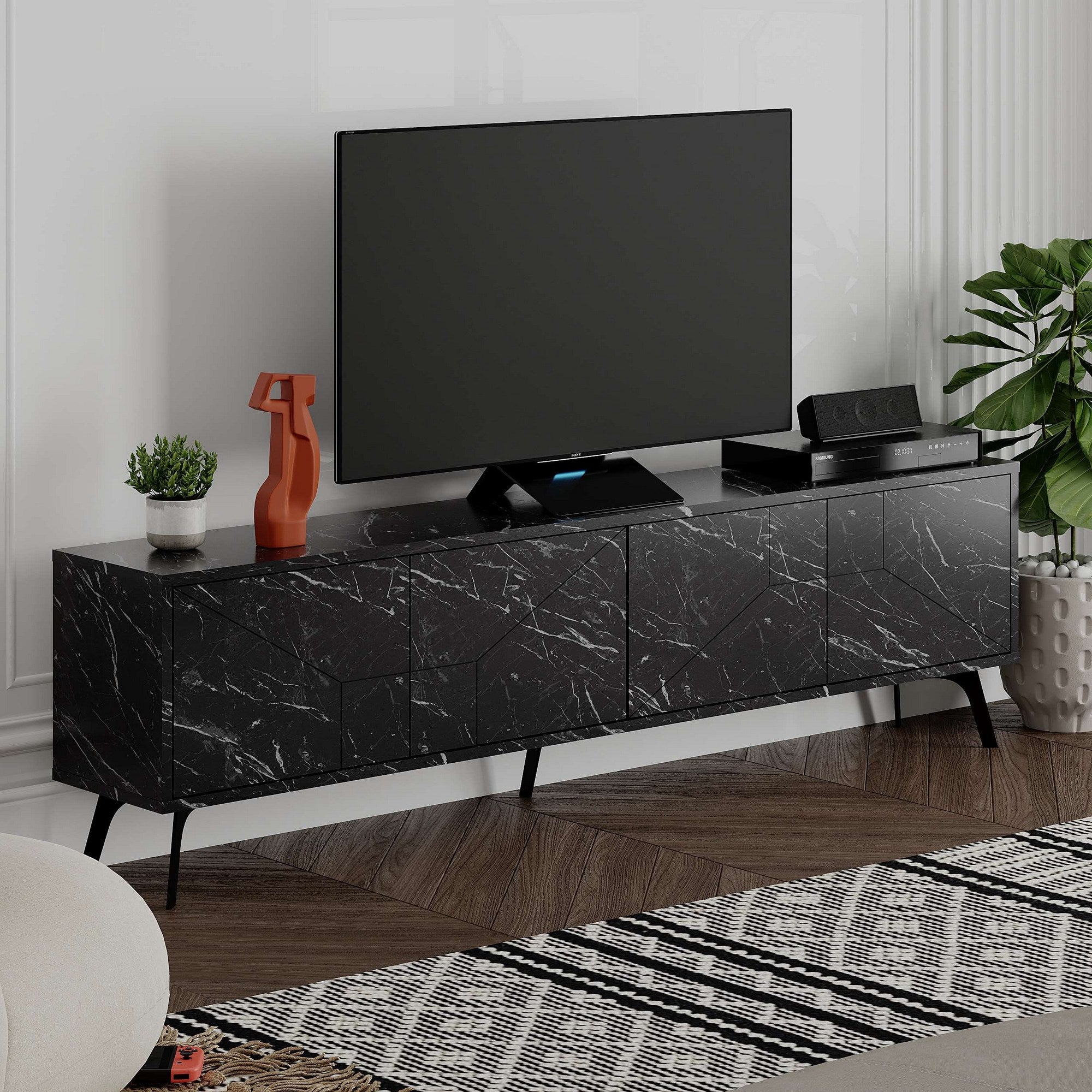 Suporte de TV elegante com pernas de metal, cor Bendir, 180 cm de largura | Painel de partículas 100% revestido de melamina, 18 mm de espessura | Dobradiças de fechamento suave e várias prateleiras