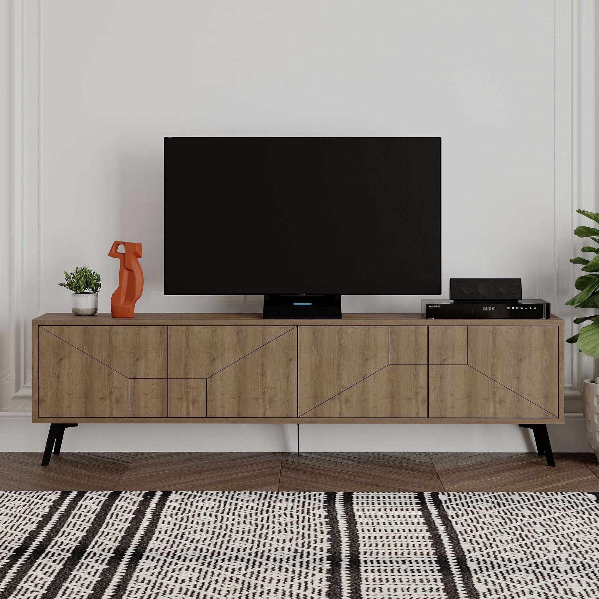Suporte de TV elegante com pernas de metal, cor Hitit, 180 cm | Painel de partículas 100% revestido de melamina, 18 mm de espessura | Dobradiças de fechamento suave e várias prateleiras