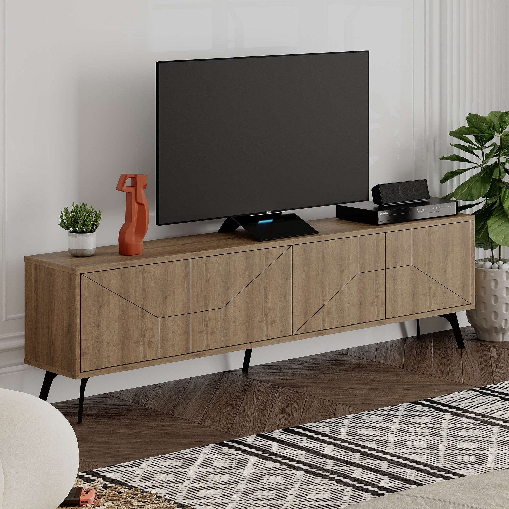 Suporte de TV elegante com pernas de metal, cor Hitit, 180 cm | Painel de partículas 100% revestido de melamina, 18 mm de espessura | Dobradiças de fechamento suave e várias prateleiras