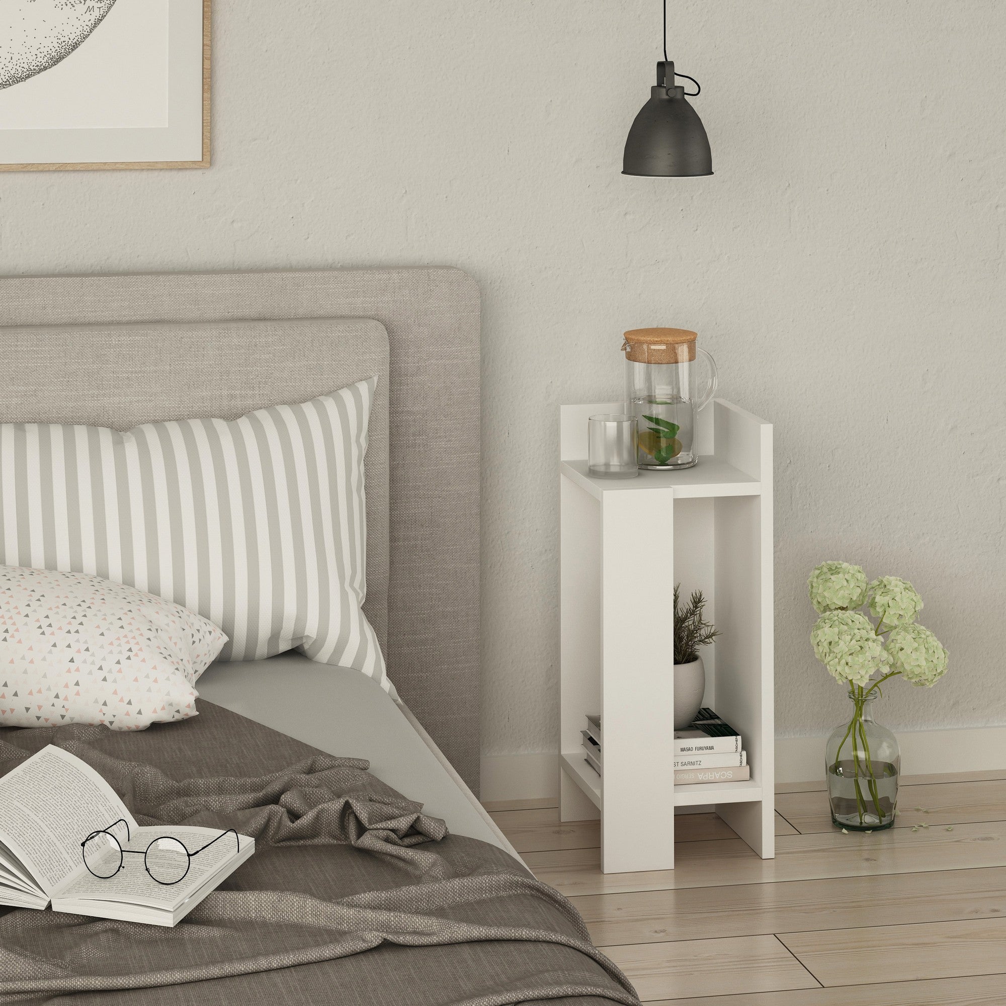 Mesa de cabeceira branca moderna, 25 x 60 x 27 cm | Painel de partículas 100% revestido em melamina, 18 mm de espessura | Design escandinavo, perfeito para uso em quartos e hotéis