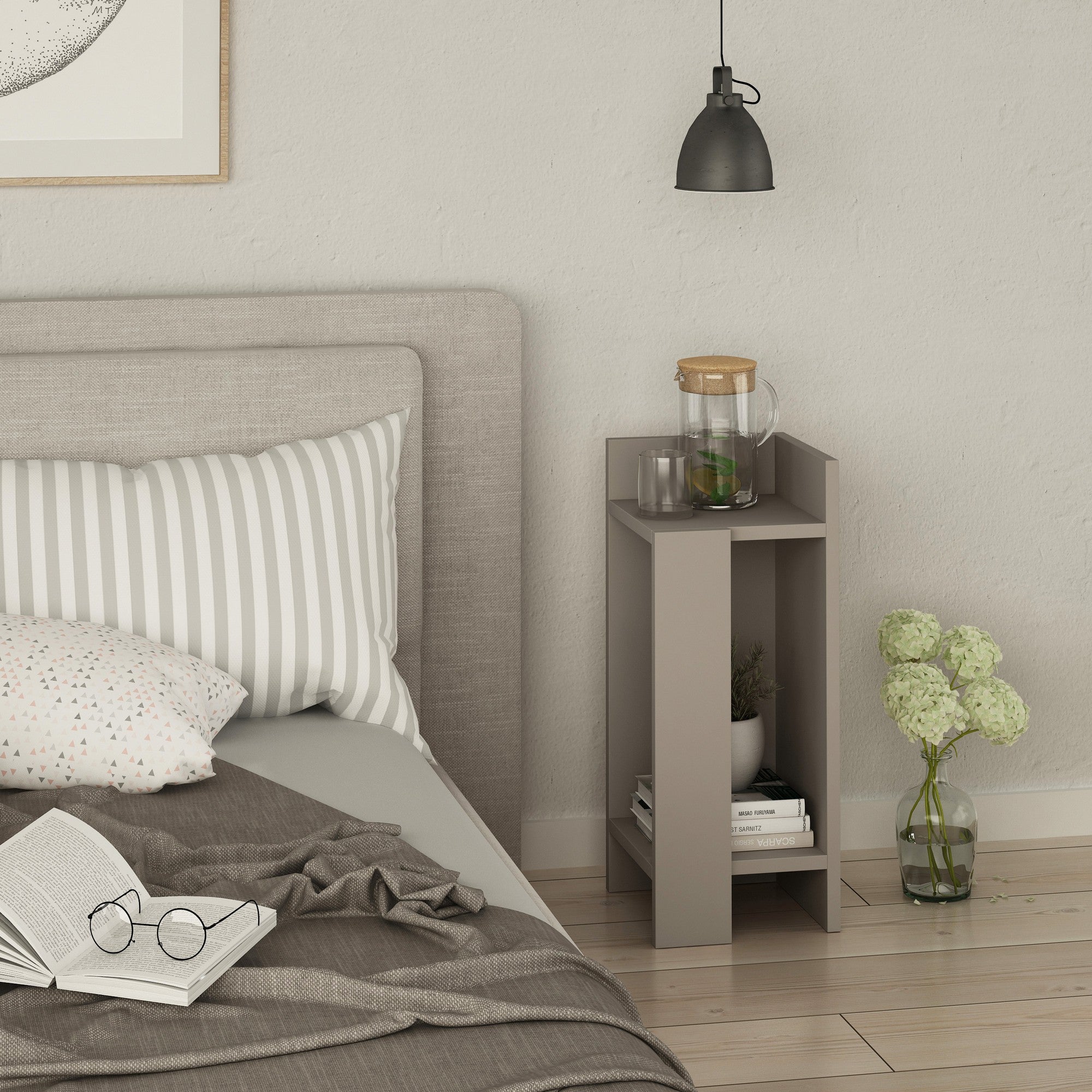 Criado-mudo moderno em tom mocha claro, 25 x 60 x 27 cm | Painel de partículas 100% revestido em melamina, 18 mm de espessura | Elegante e funcional para decoração de quartos e hotéis