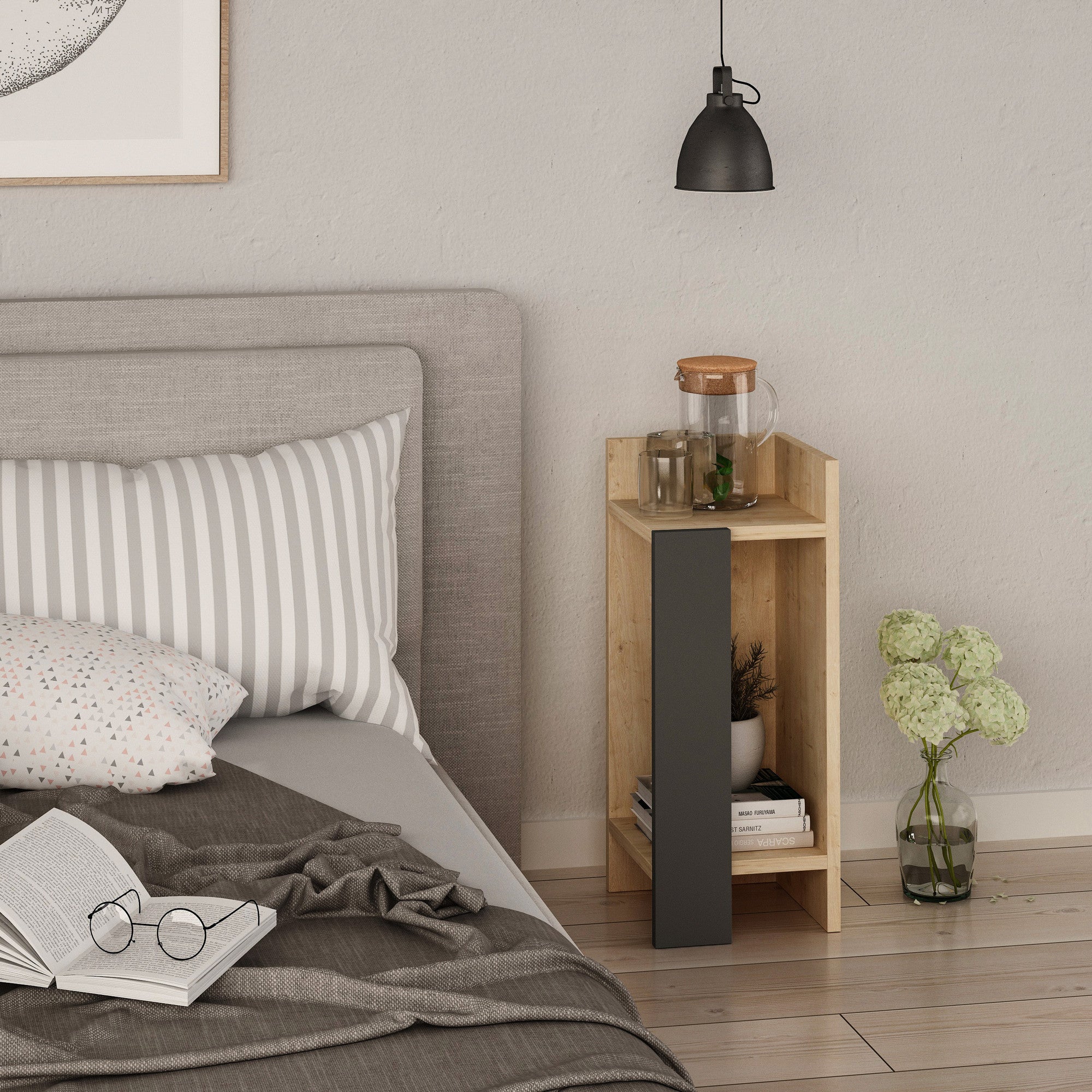 Mesa de Cabeceira Moderna, Carvalho e Antracite, 25 x 60 x 27 cm | Painel de Partículas 100% Revestido com Melamina, 18 mm de Espessura | Elegante e Funcional para Hotelaria e Decoração Escandinava
