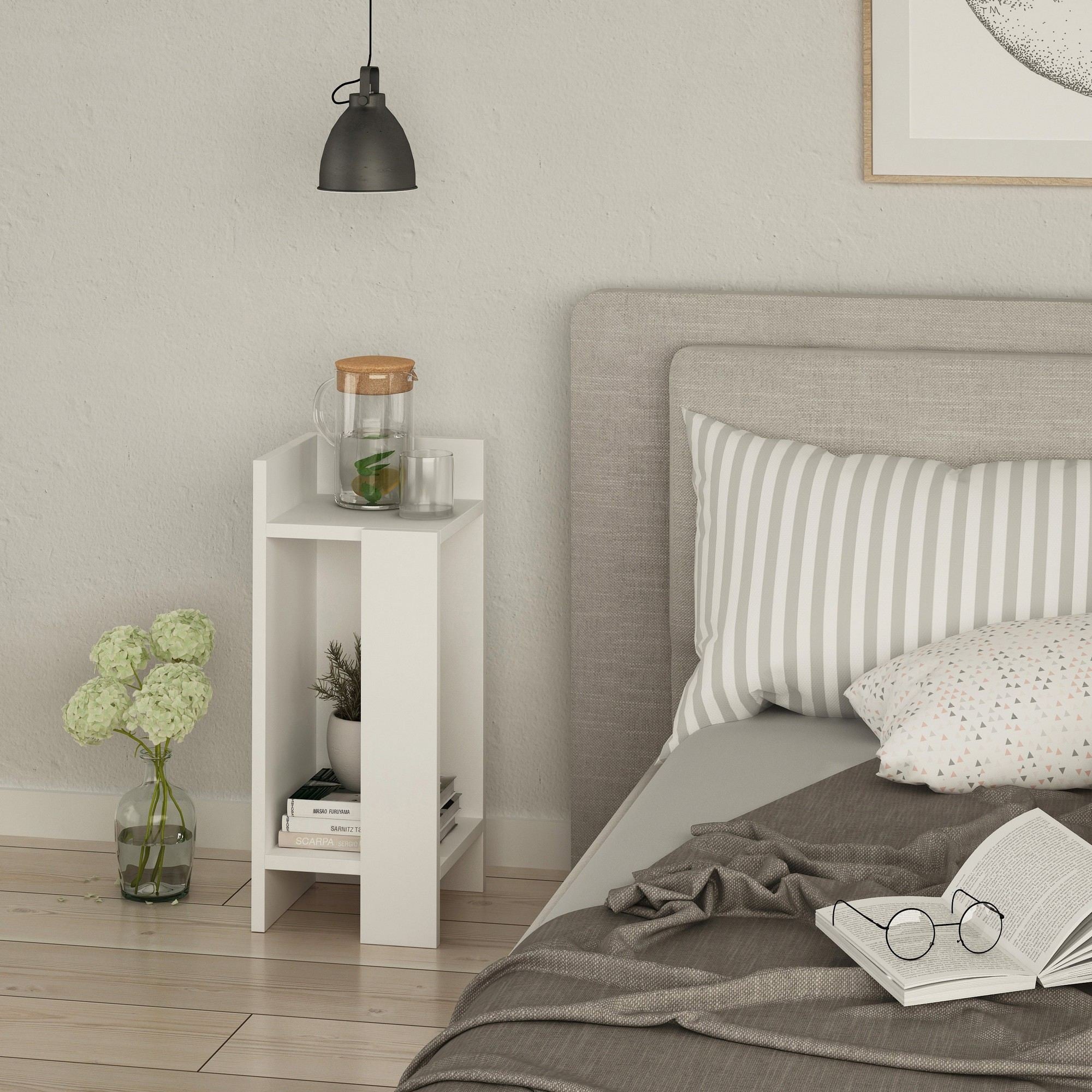 Mesa de cabeceira branca moderna, 25 x 60 x 27 cm | Painel de partículas 100% revestido em melamina, 18 mm de espessura | Design escandinavo, perfeito para uso em quartos e hotéis