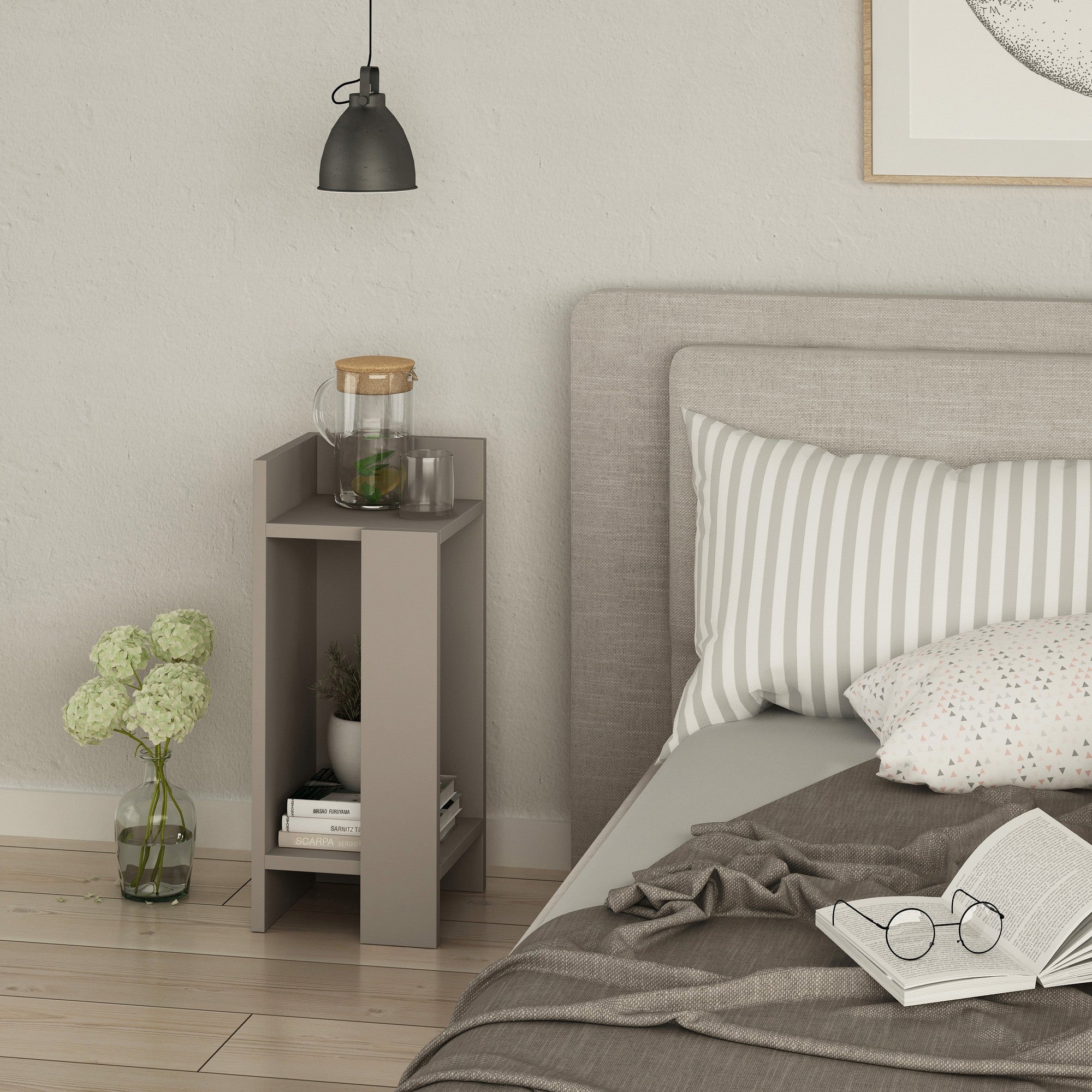 Criado-mudo moderno em tom mocha claro, 25 x 60 x 27 cm | Painel de partículas 100% revestido em melamina, 18 mm de espessura | Elegante e funcional para decoração de casa e hotel