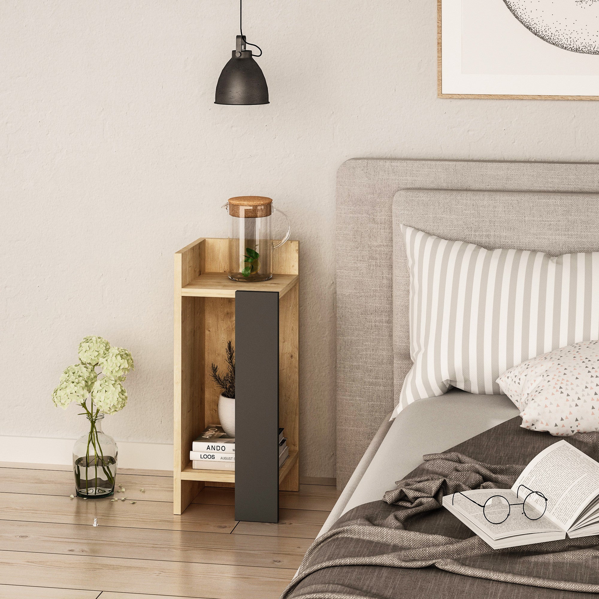 Mesa de Cabeceira Moderna, Carvalho e Antracite, 25 x 60 x 27 cm | Painel de Partículas 100% Revestido em Melamina, 18 mm de Espessura | Elegante e Funcional para Armazenamento no Quarto